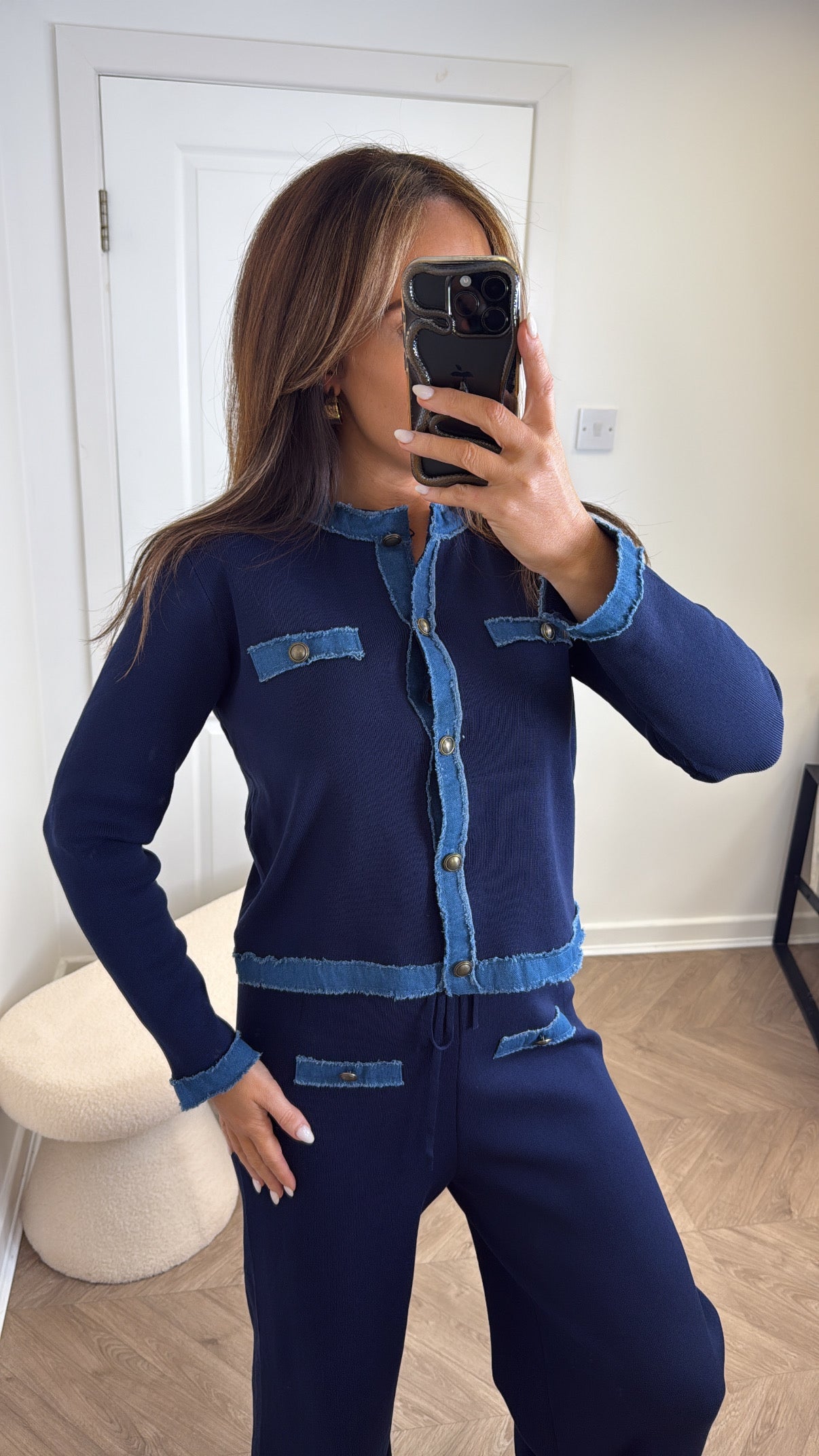 KAYLEY navy and denim contrast cardigan and trousers co-ord