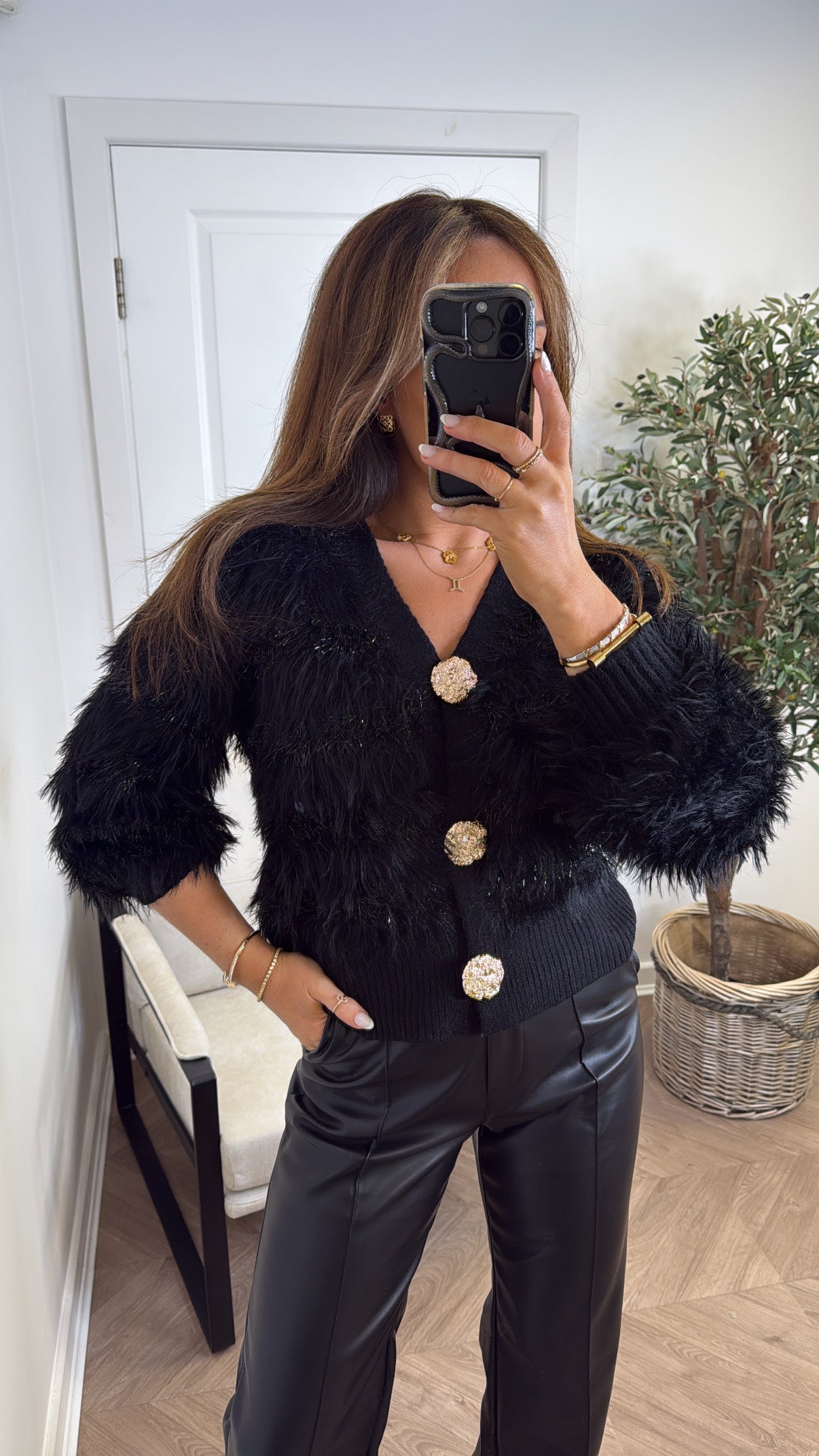 ERICA black fluffy cardigan with gold buttons