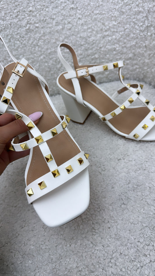 LUCINDA white block heel sandals with gold stud detail