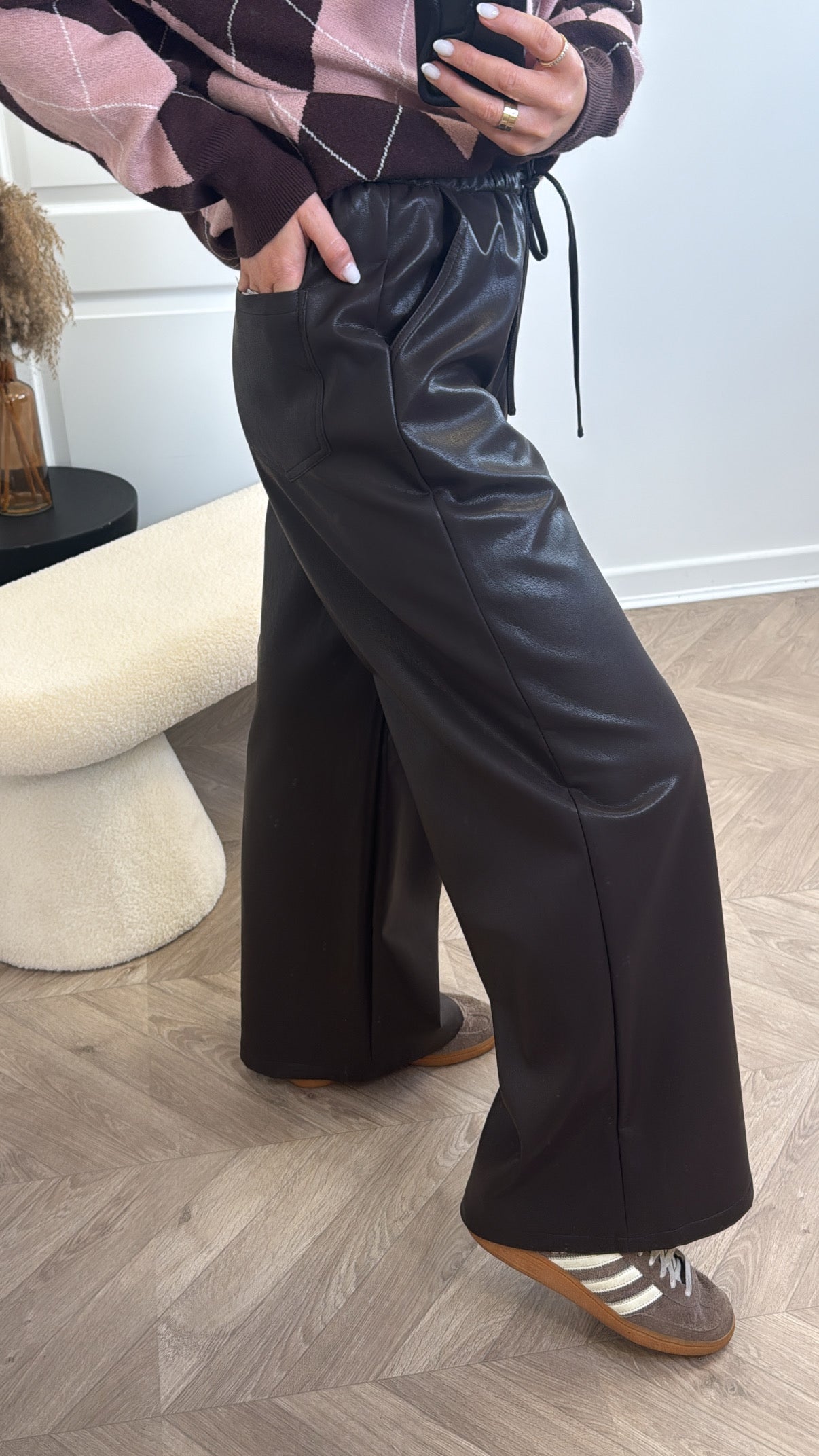 TATUM brown leather look wide leg joggers