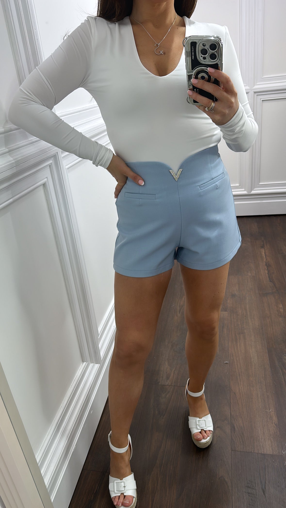 PETRA baby blue tailored shorts with logo detail