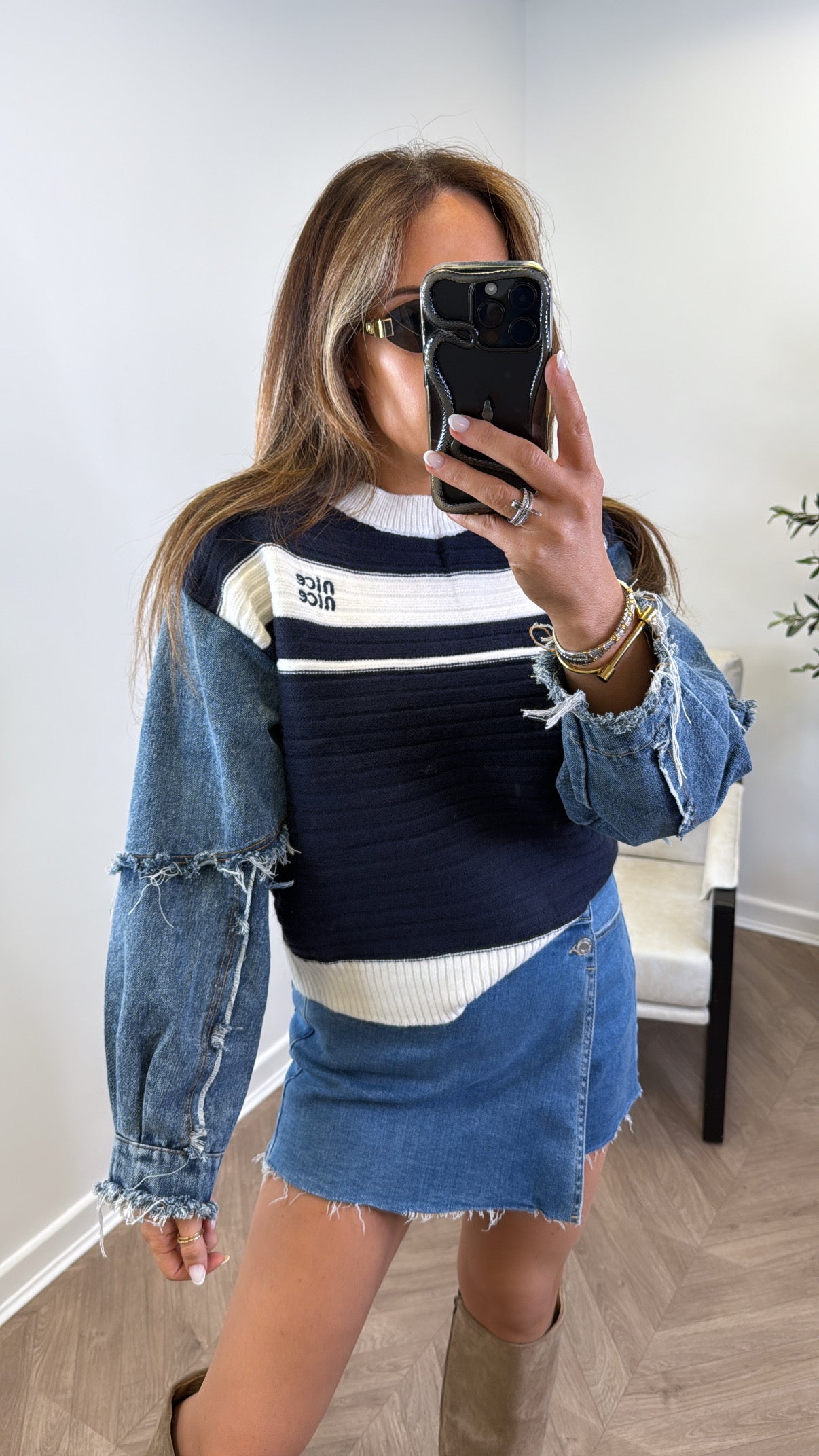 NICE navy striped and contrast denim sleeve jumper