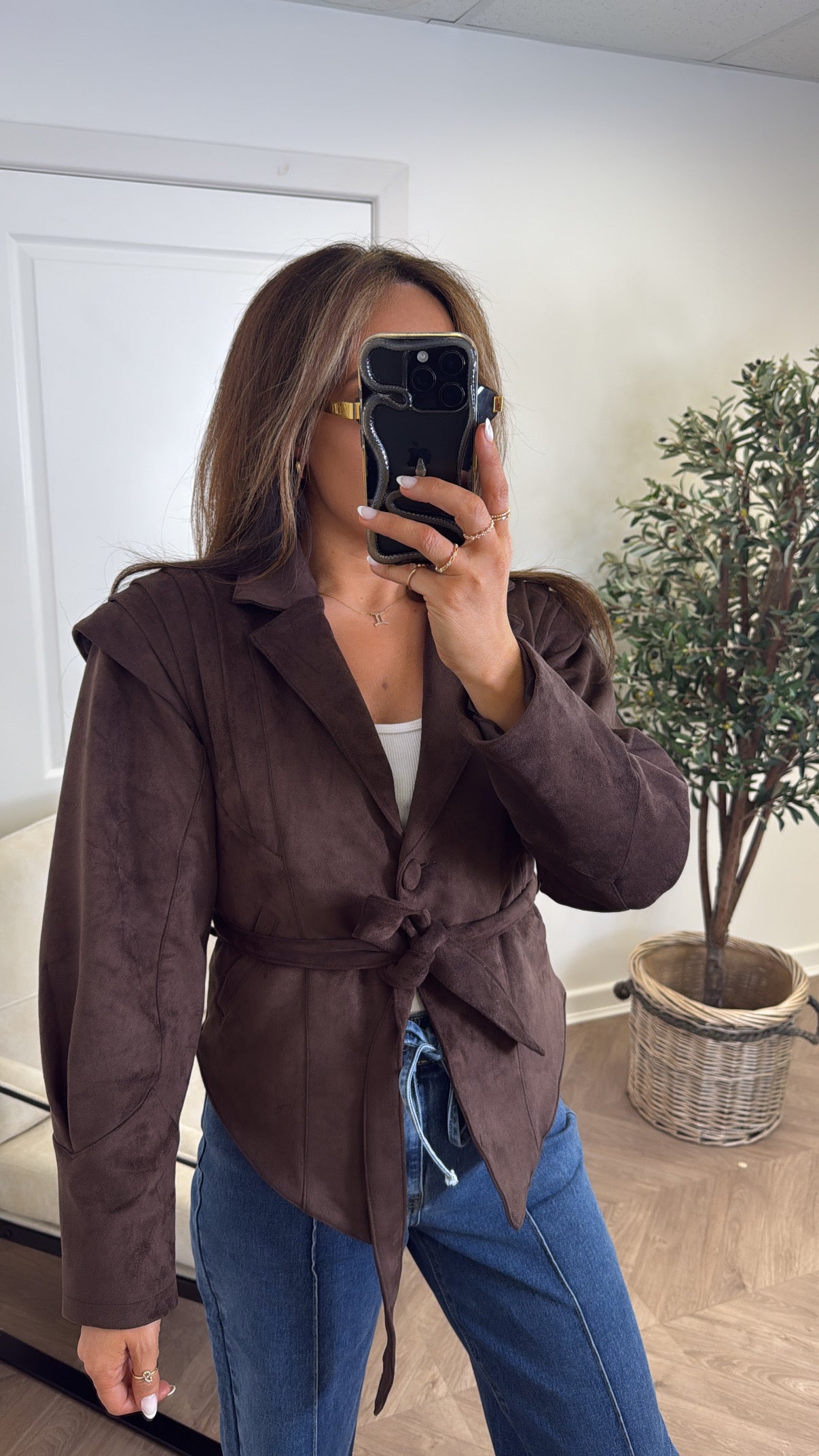 CORINA brown suede belted jacket