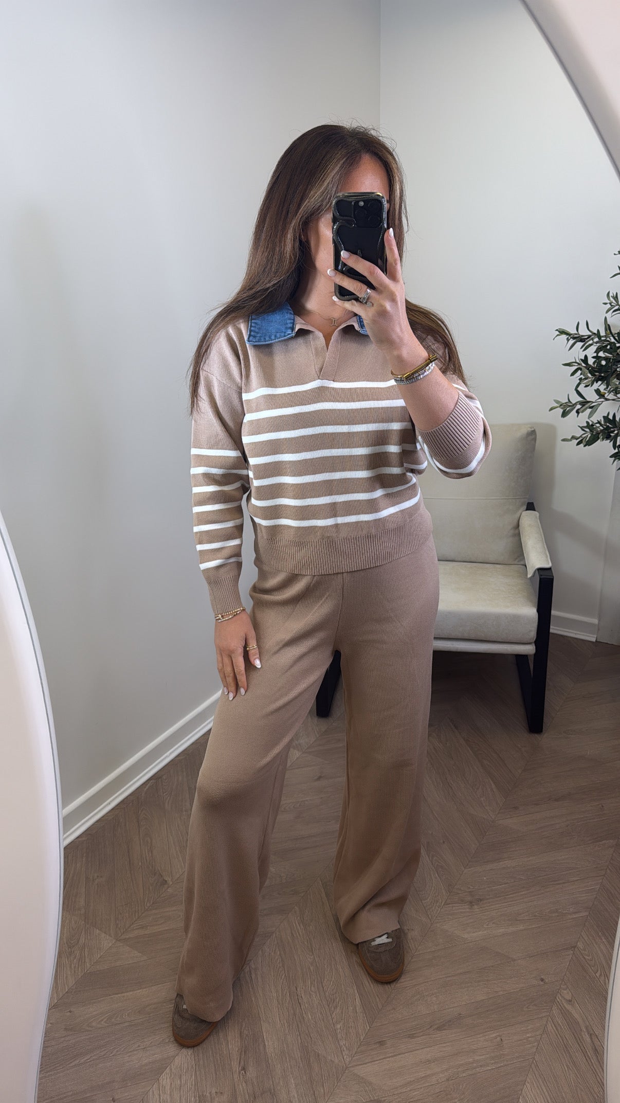 JODIE camel striped denim contrast knitted lounge set