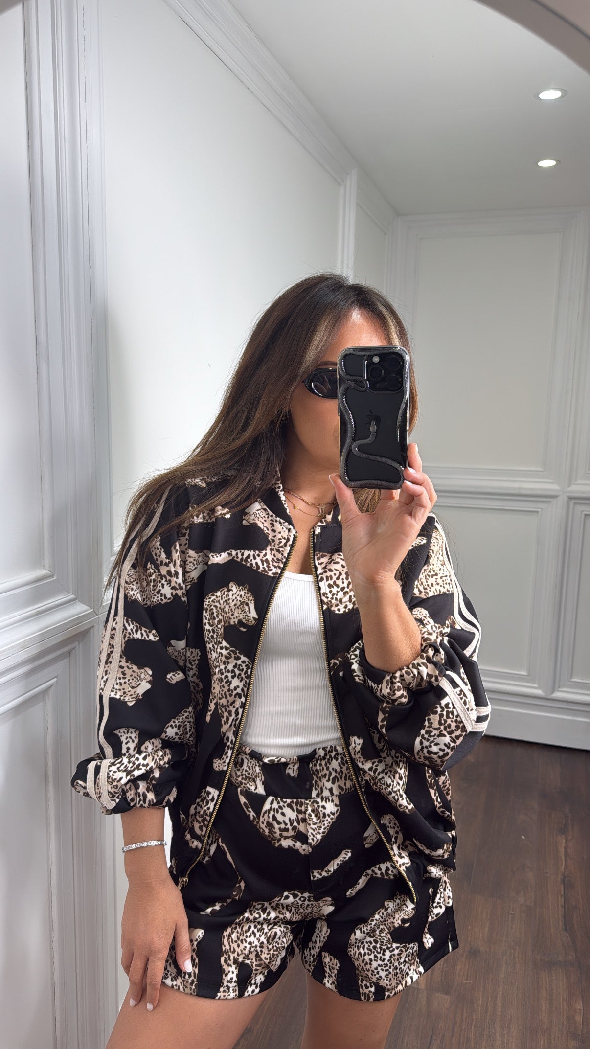 INDIE black leopard design bomber and shorts co-ord