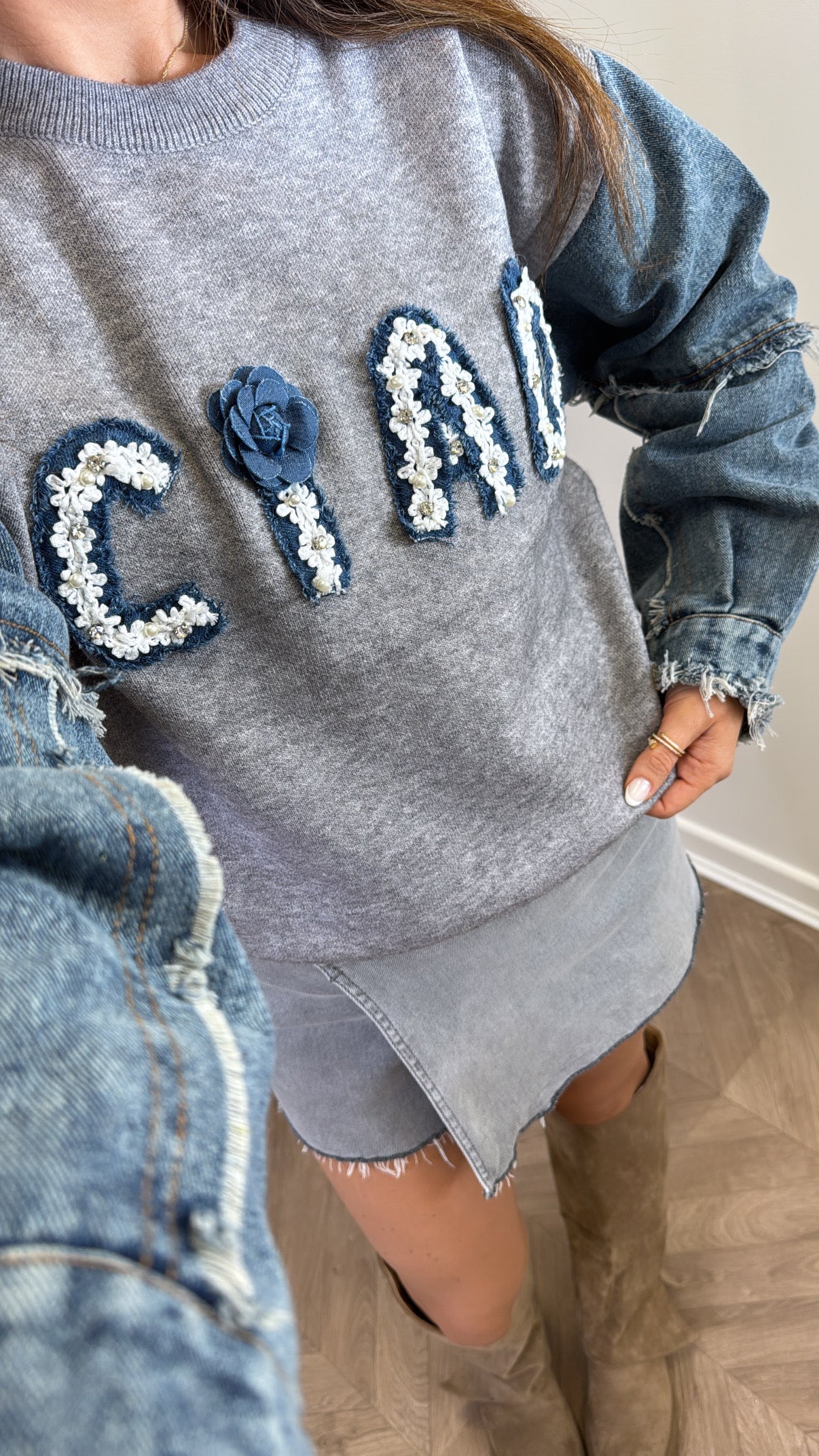 CIAO grey denim contrast logo jumper