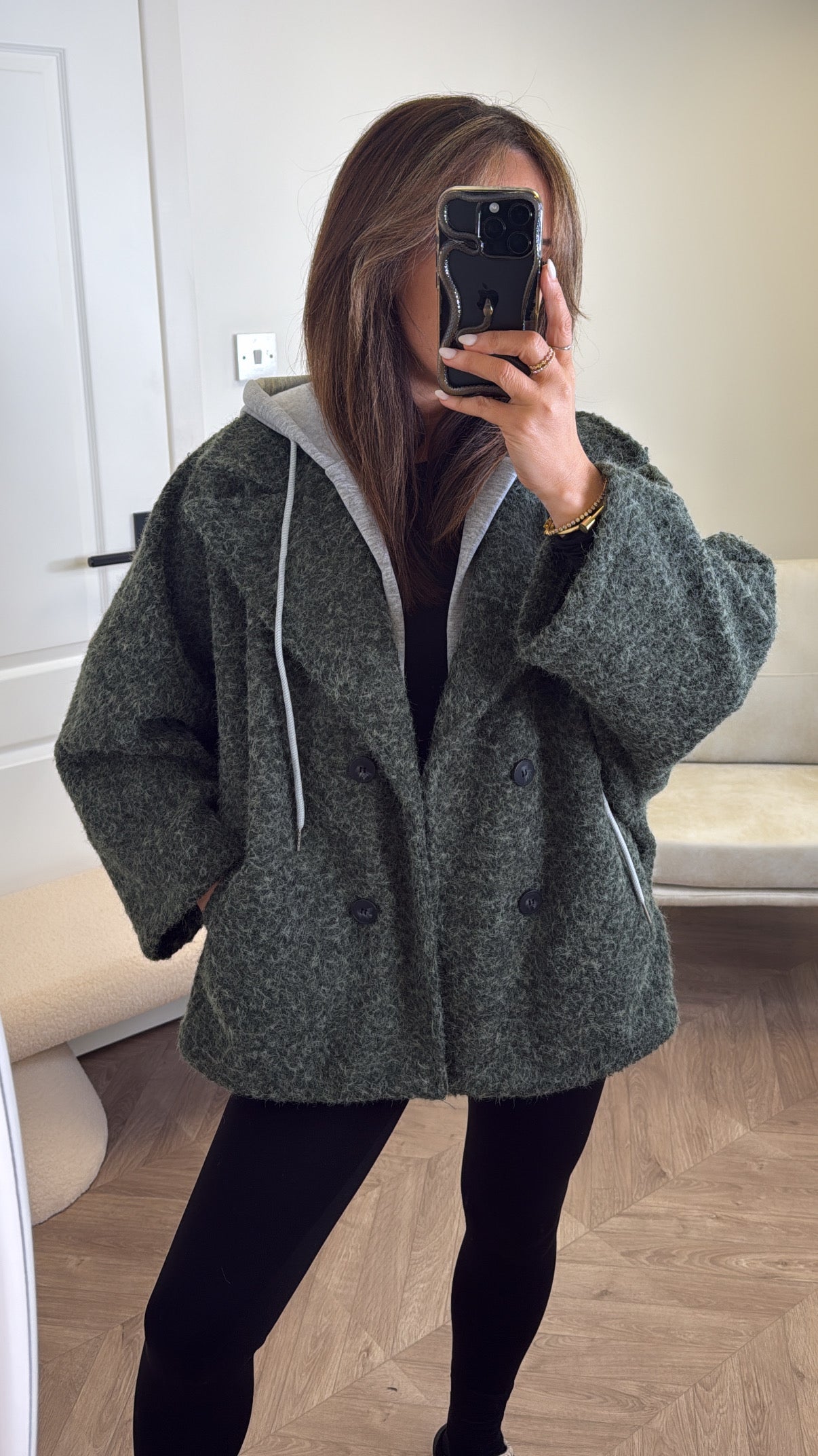BREA khaki short duster jacket with integral hoody