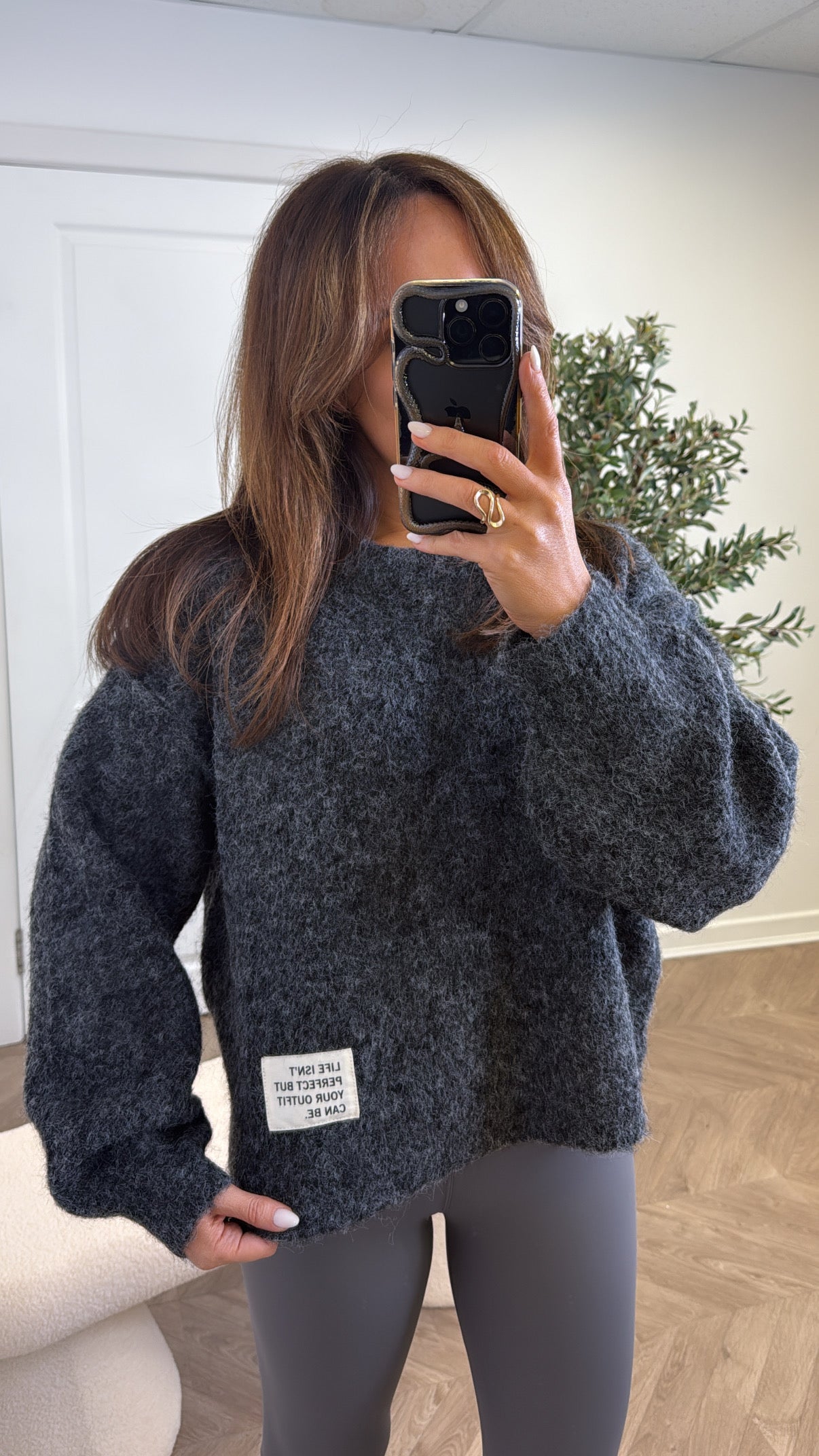 PIPER charcoal life slogan soft knit jumper