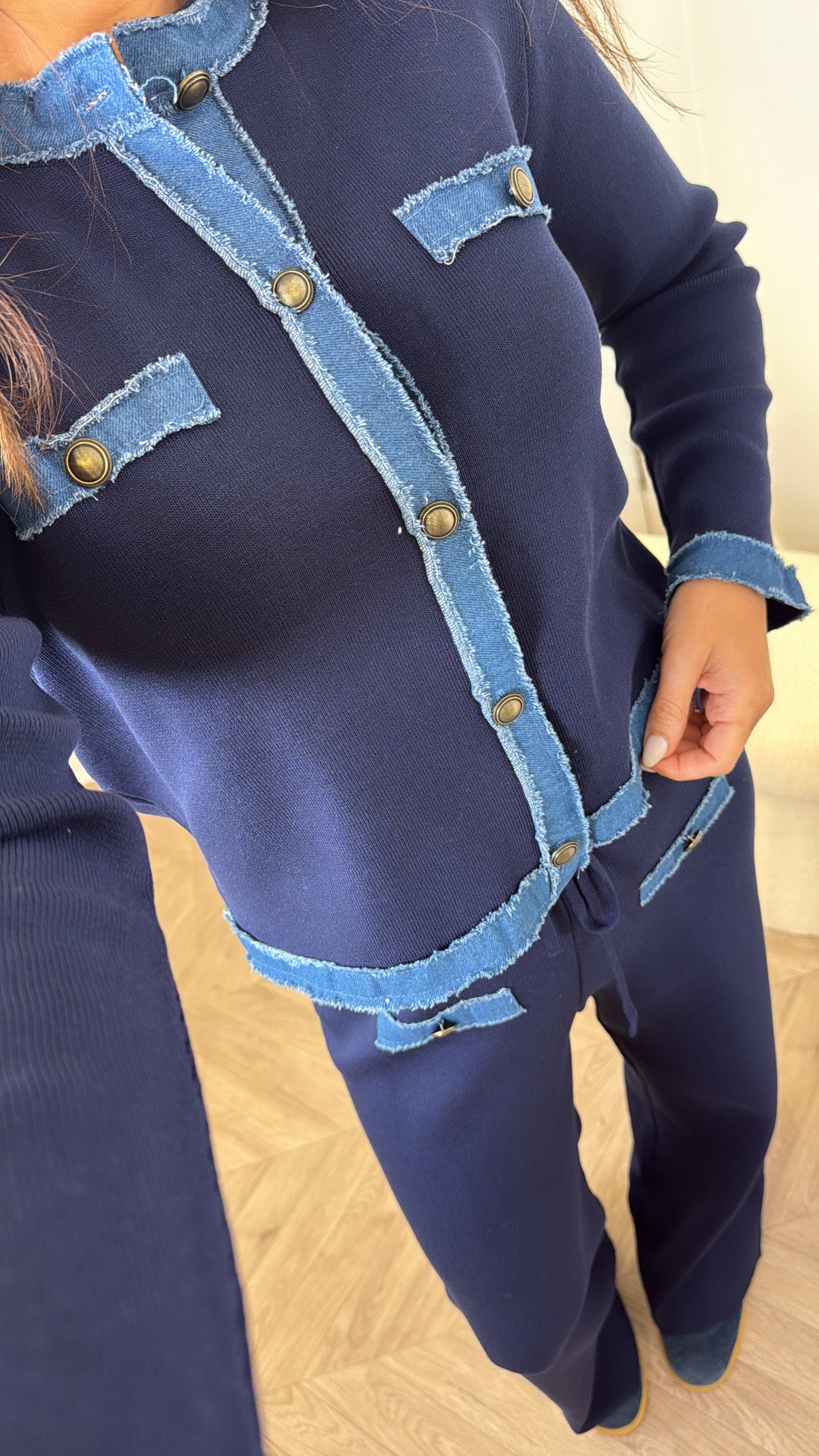 KAYLEY navy and denim contrast cardigan and trousers co-ord