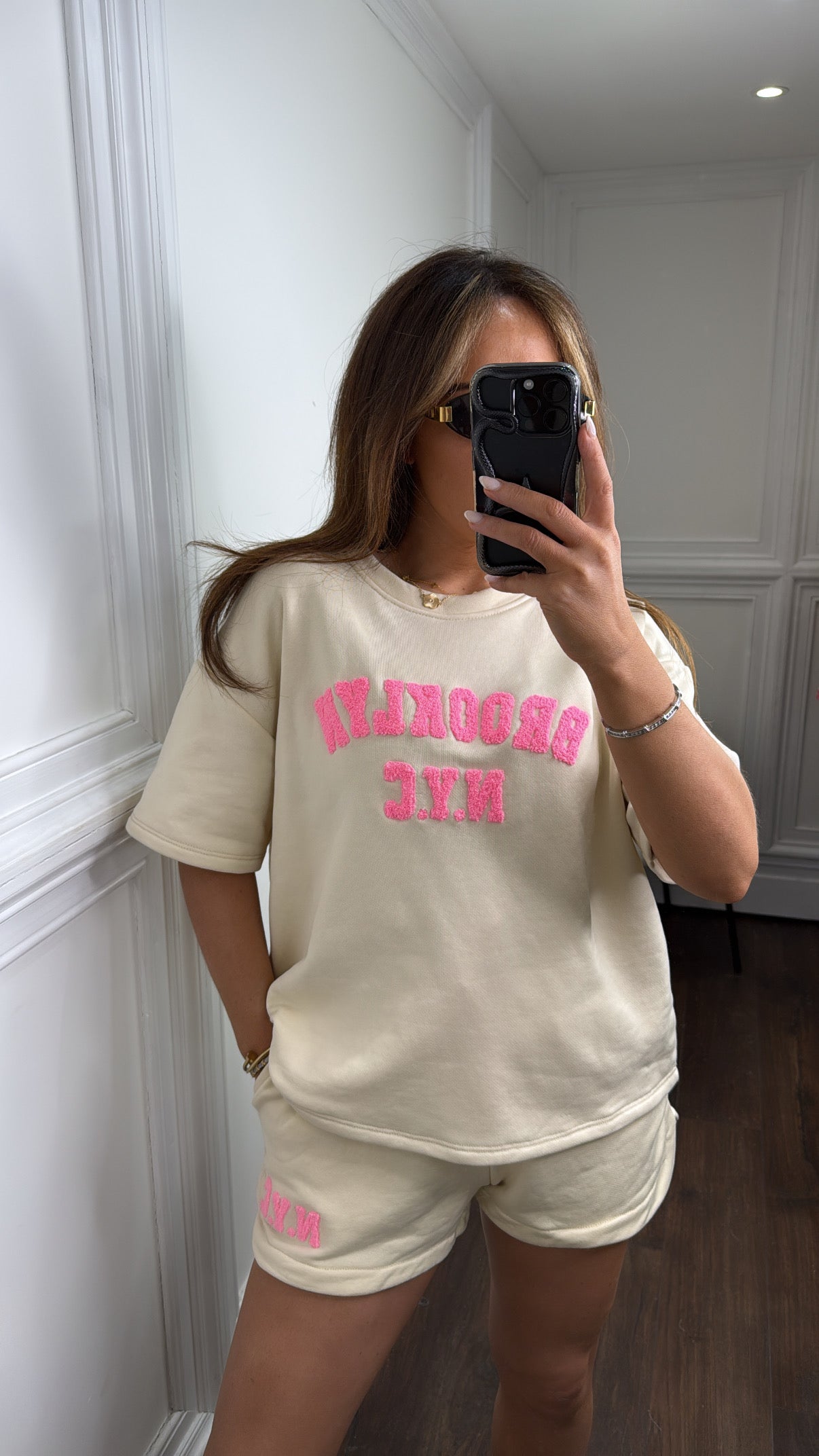 BROOKLYN beige jersey shorts and t-shirt co-ord
