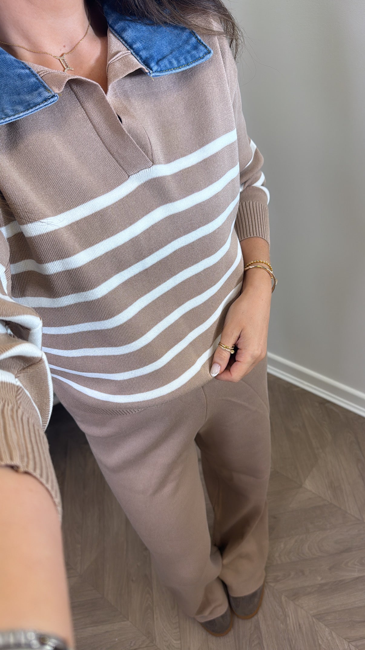 JODIE camel striped denim contrast knitted lounge set