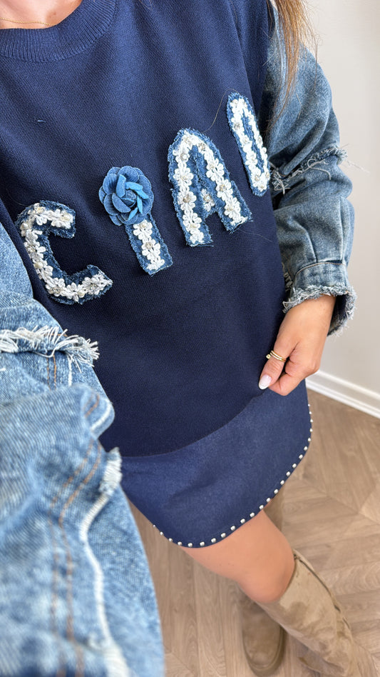 CIAO navy denim contrast logo jumper