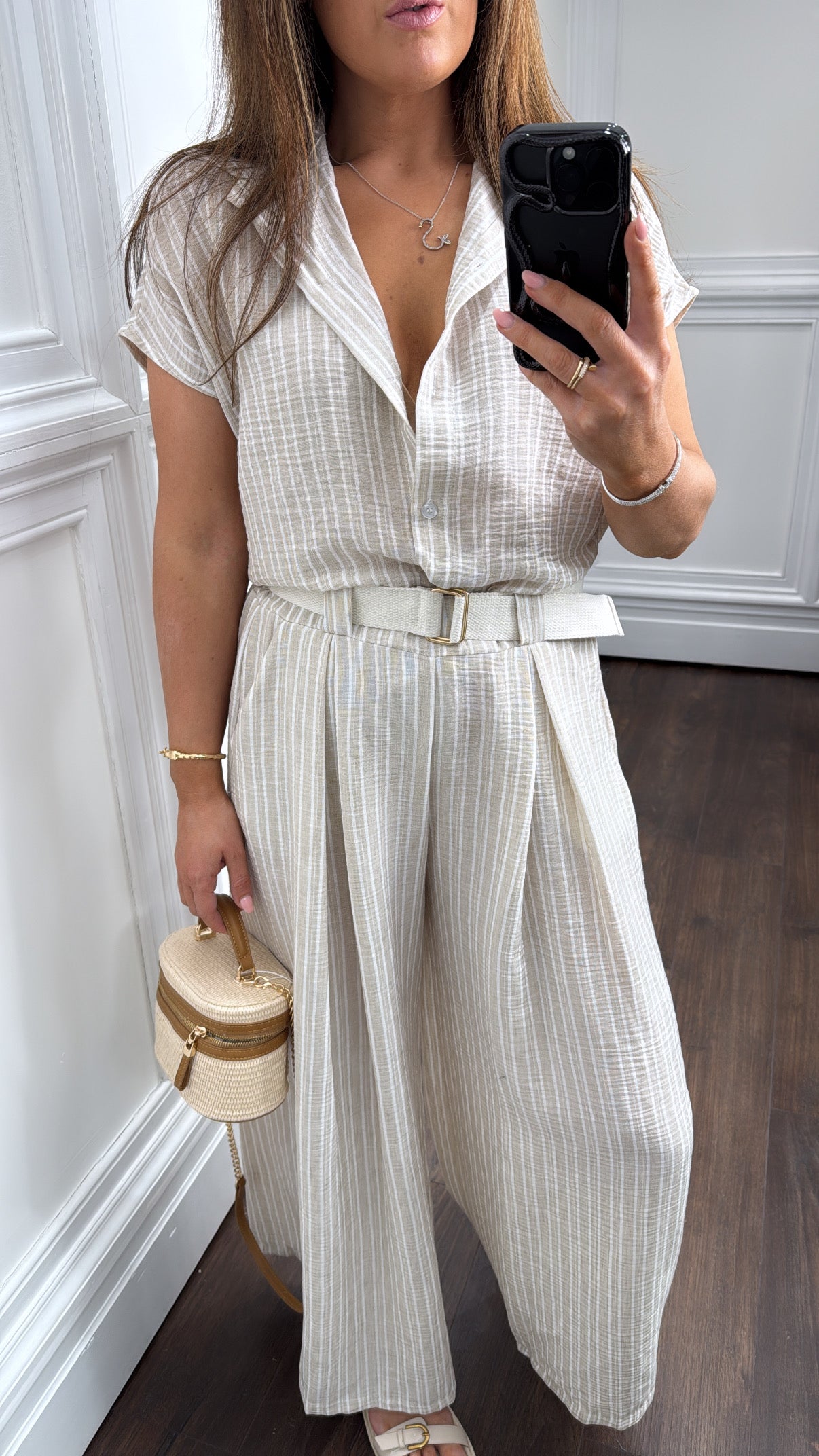 SABRINA beige stripe tie shirt and trousers co-ord