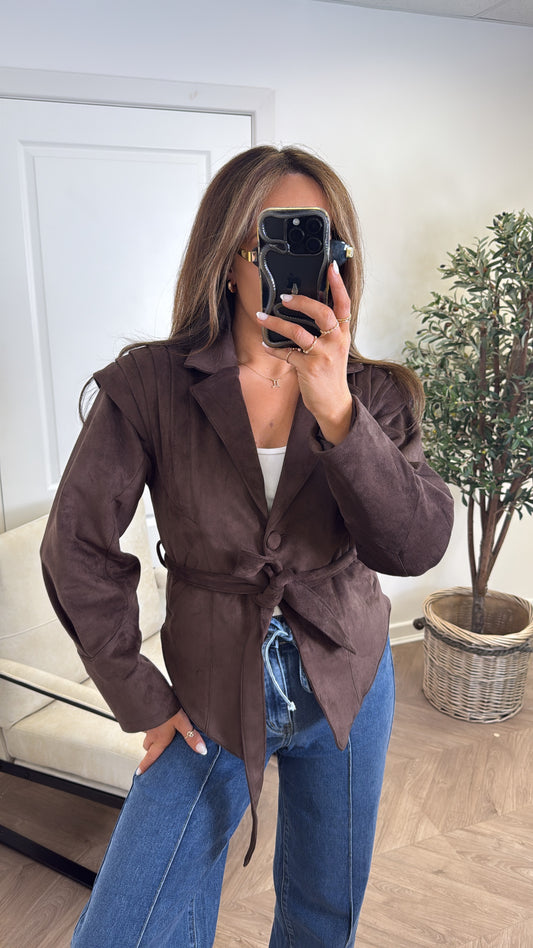 CORINA brown suede belted jacket