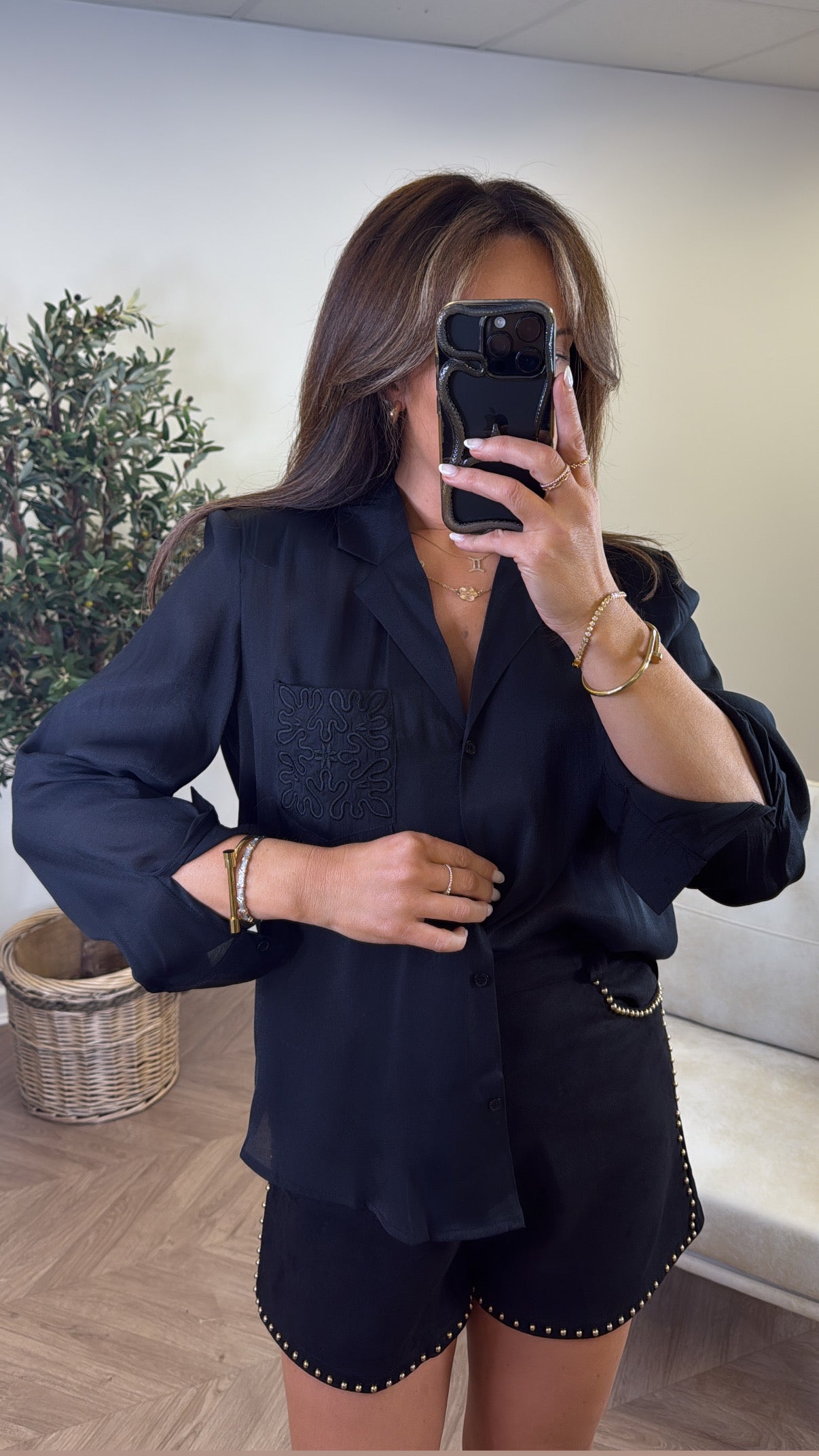 LORA black semi sheer embroidered shirt with shoulder pads
