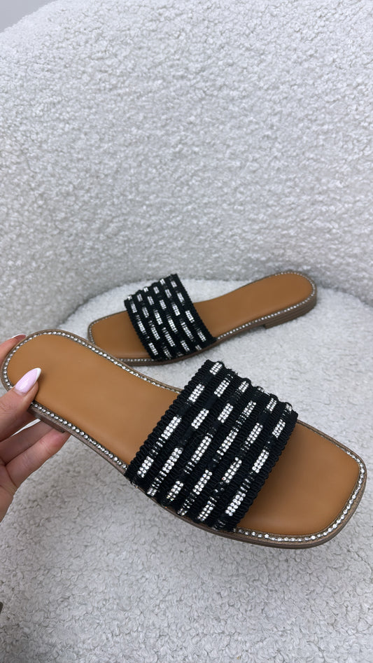 MIMI black slide sandals with diamonte detail