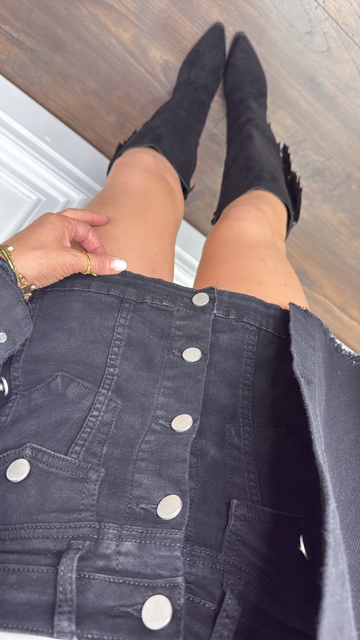 SHELBY black denim button detail skort