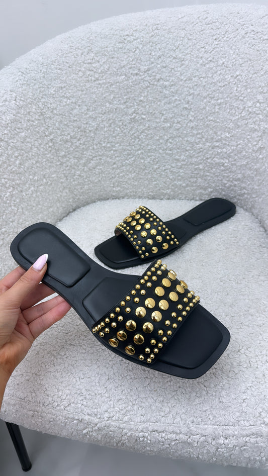 VIDA black slide sandals with gold button detail