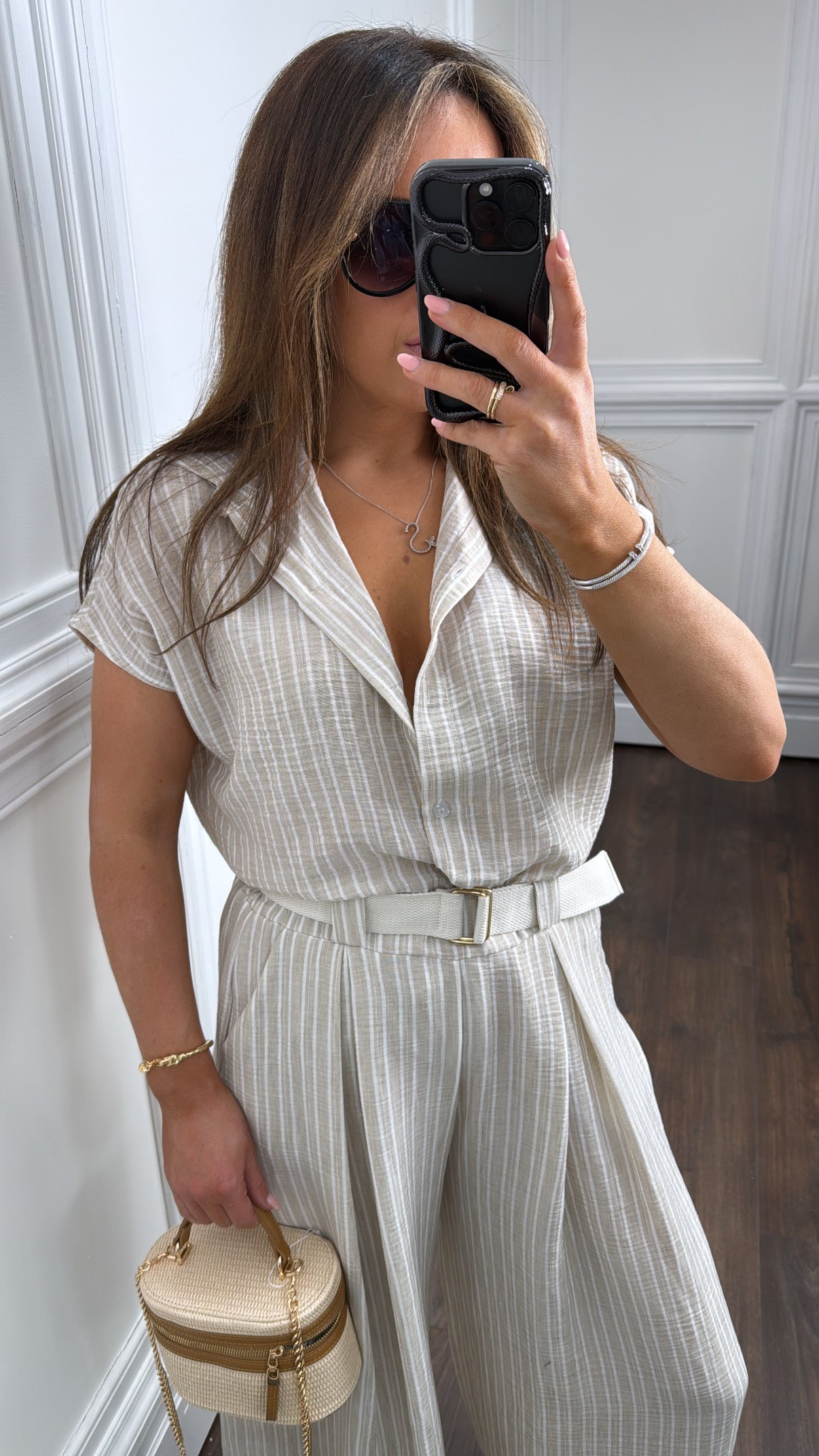 SABRINA beige stripe tie shirt and trousers co-ord