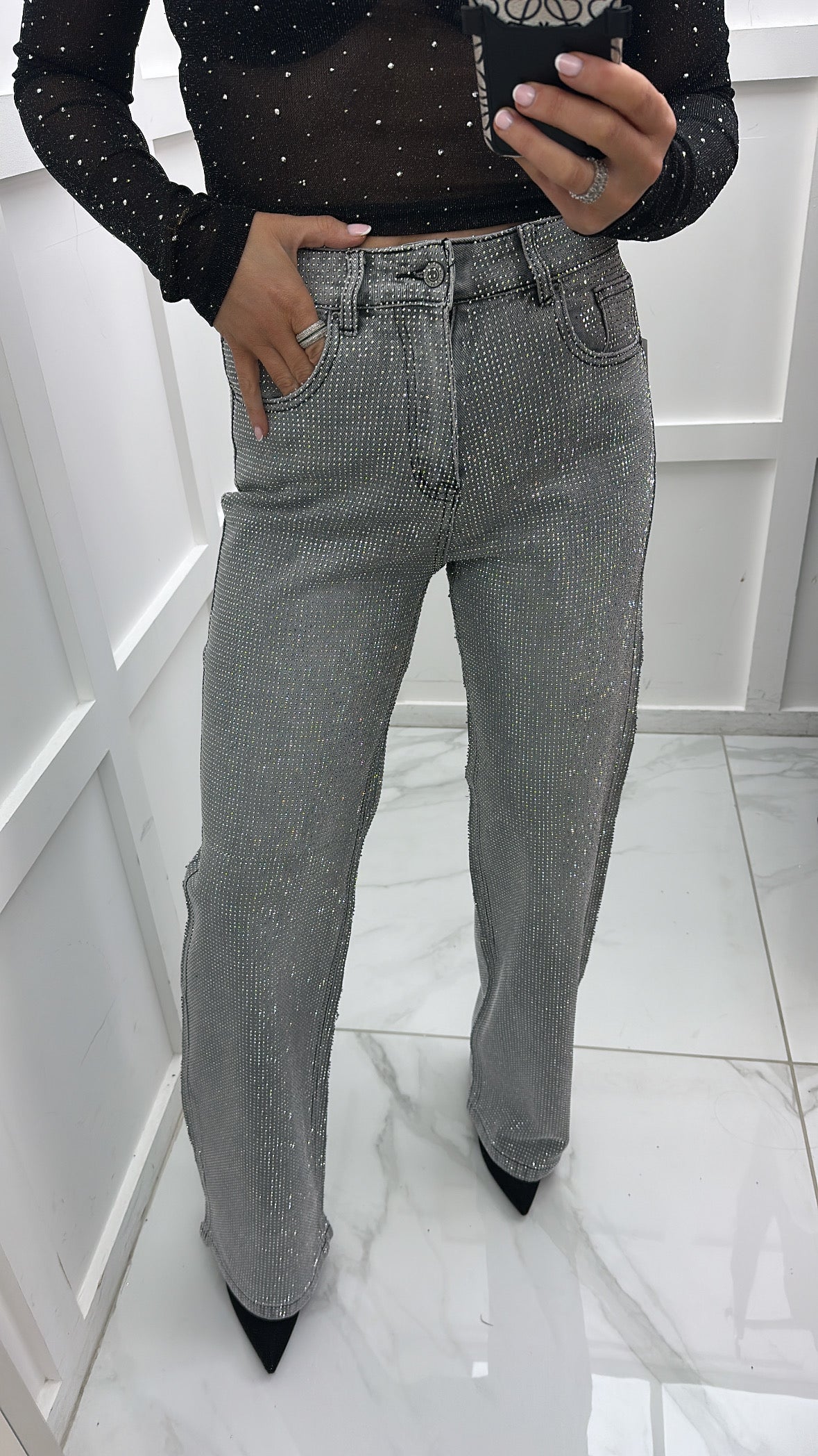 TYLA premium grey crystal wide leg jeans