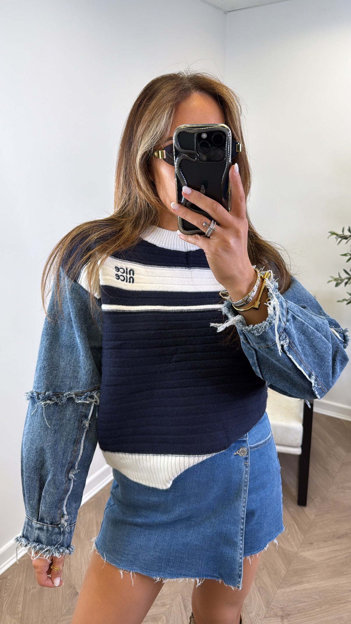 NICE navy striped and contrast denim sleeve jumper