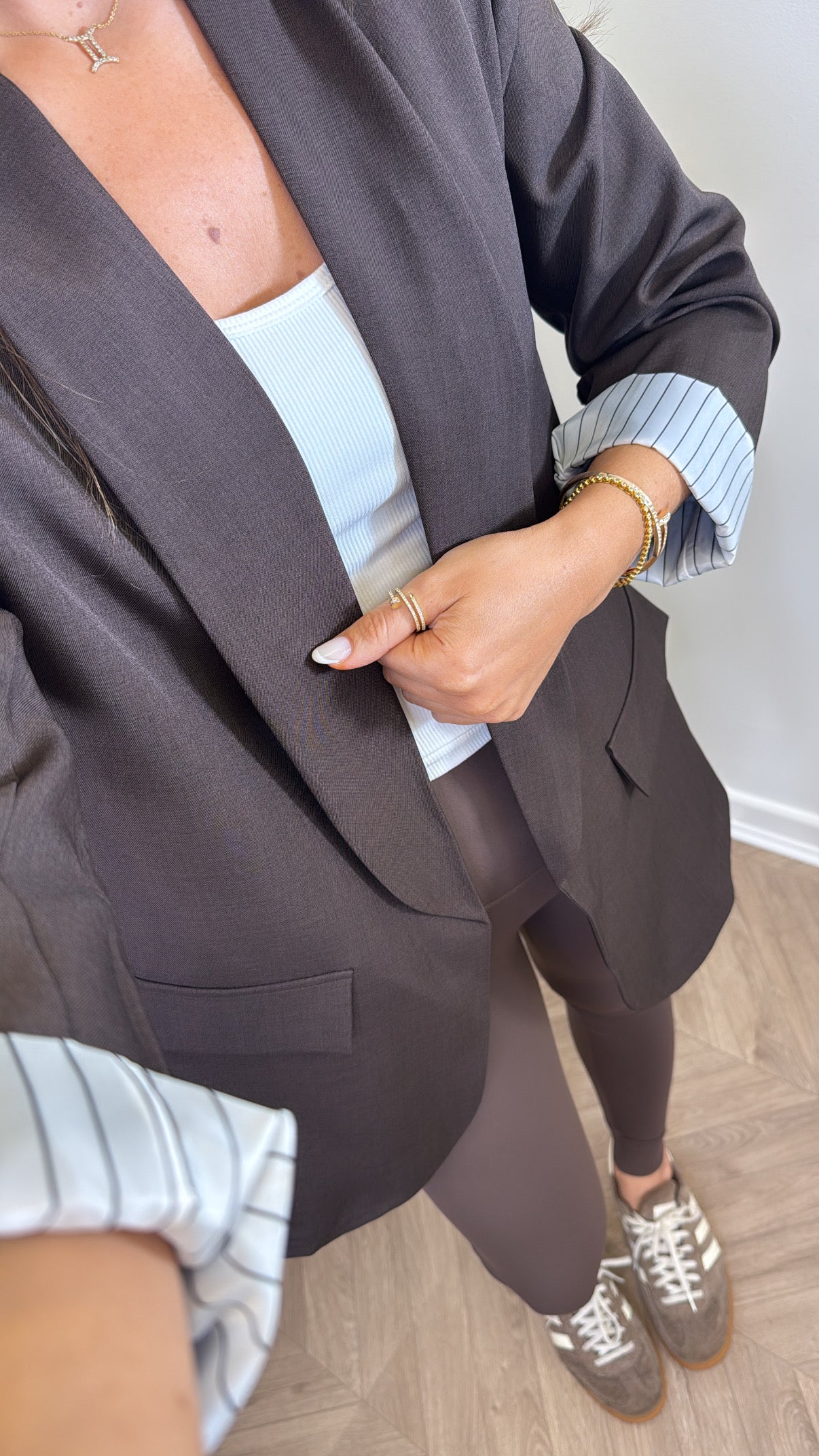 JENNIFER brown blazer with pinstripe cuff
