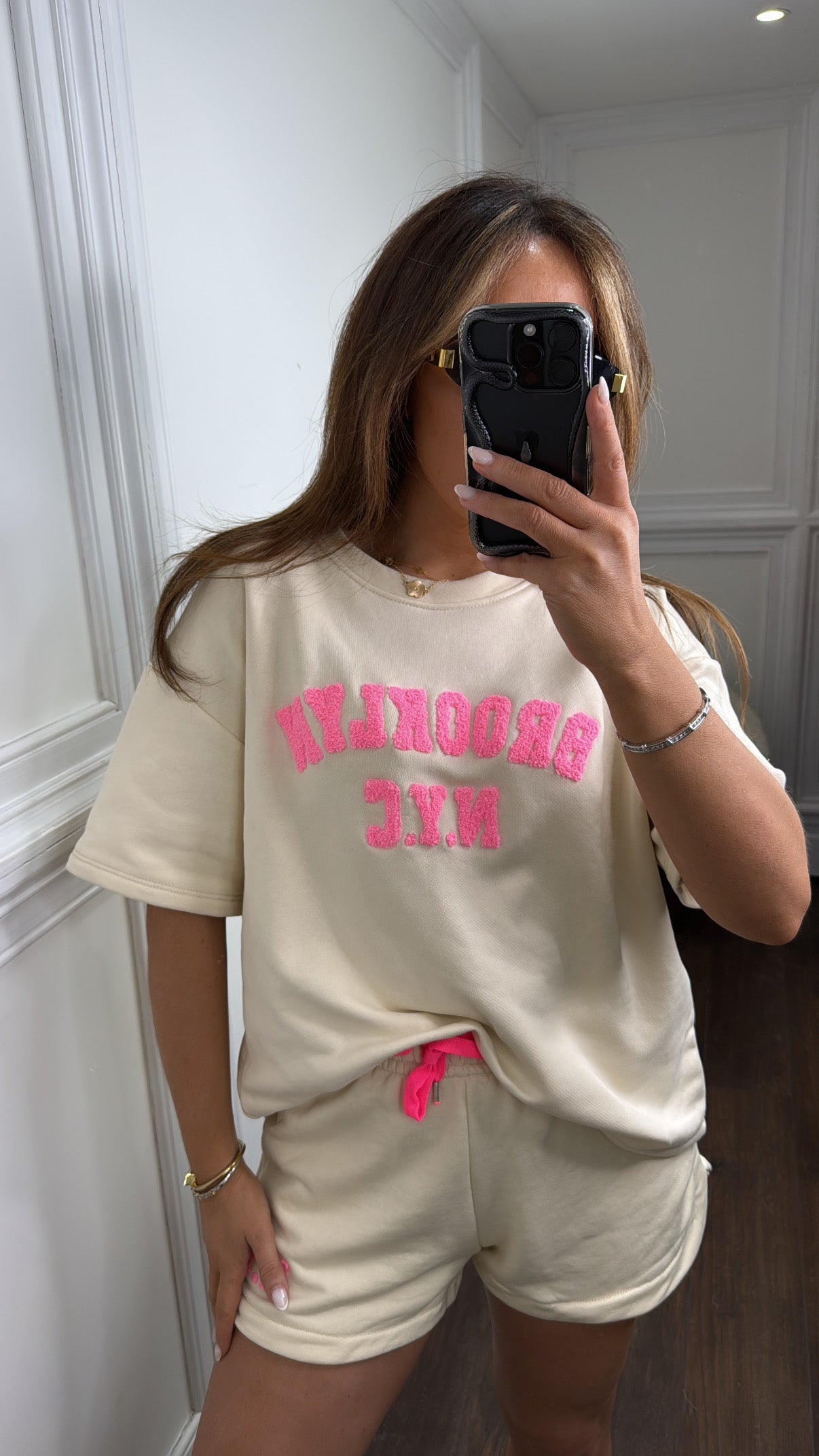 BROOKLYN beige jersey shorts and t-shirt co-ord
