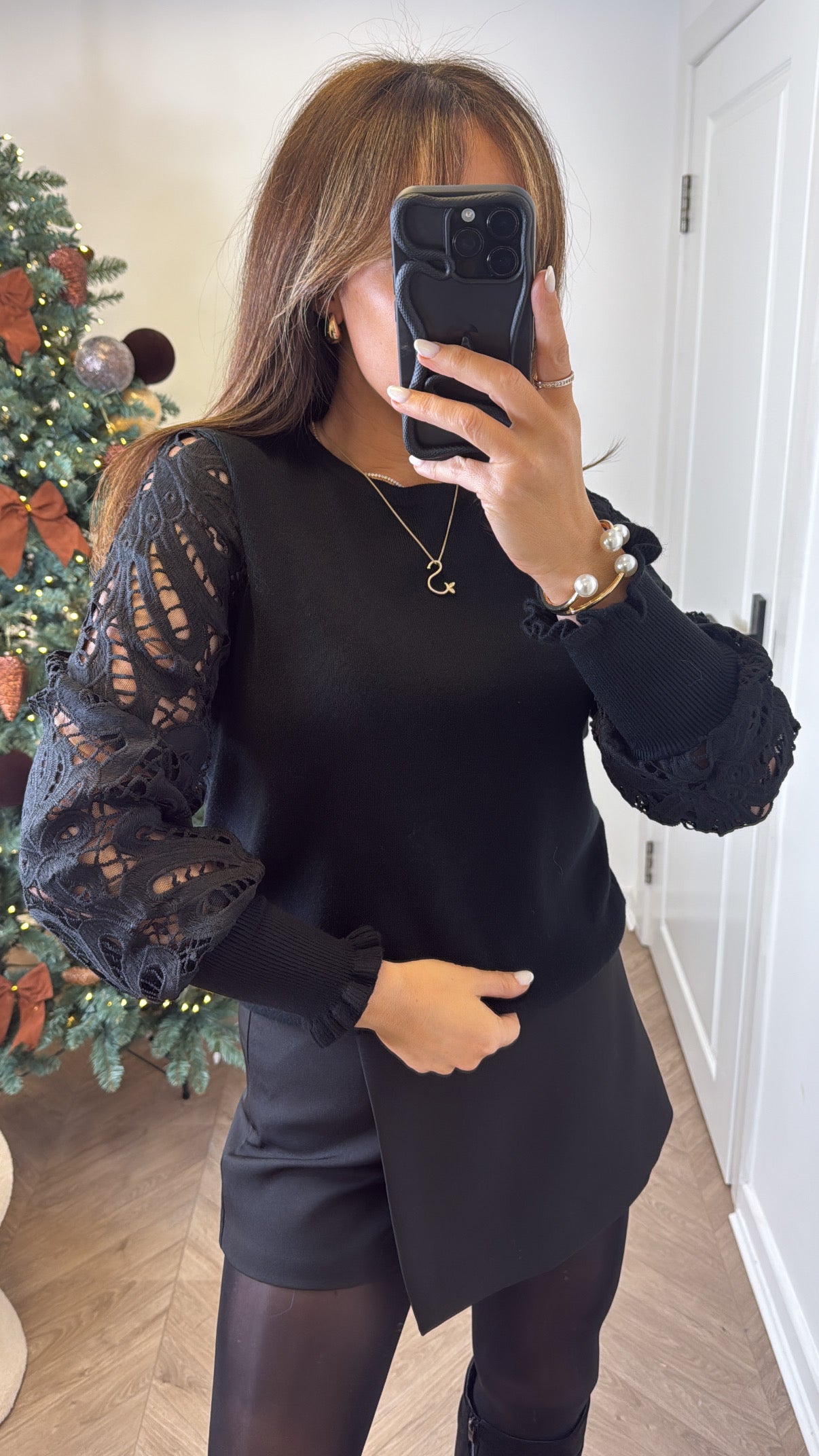 LARA black crochet sleeve fine knit jumper