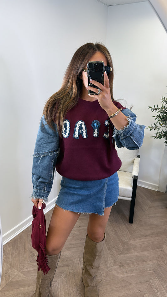 CIAO burgundy denim contrast logo jumper