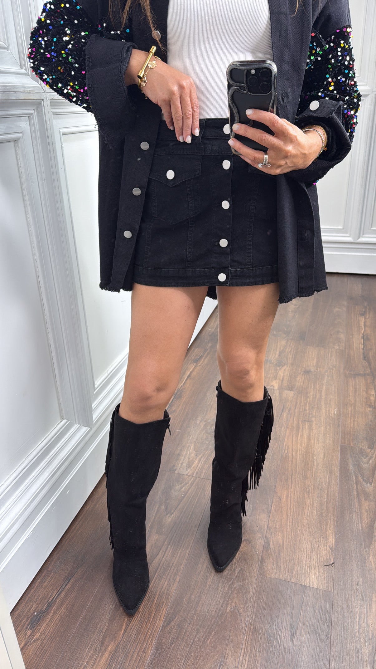 SHELBY black denim button detail skort