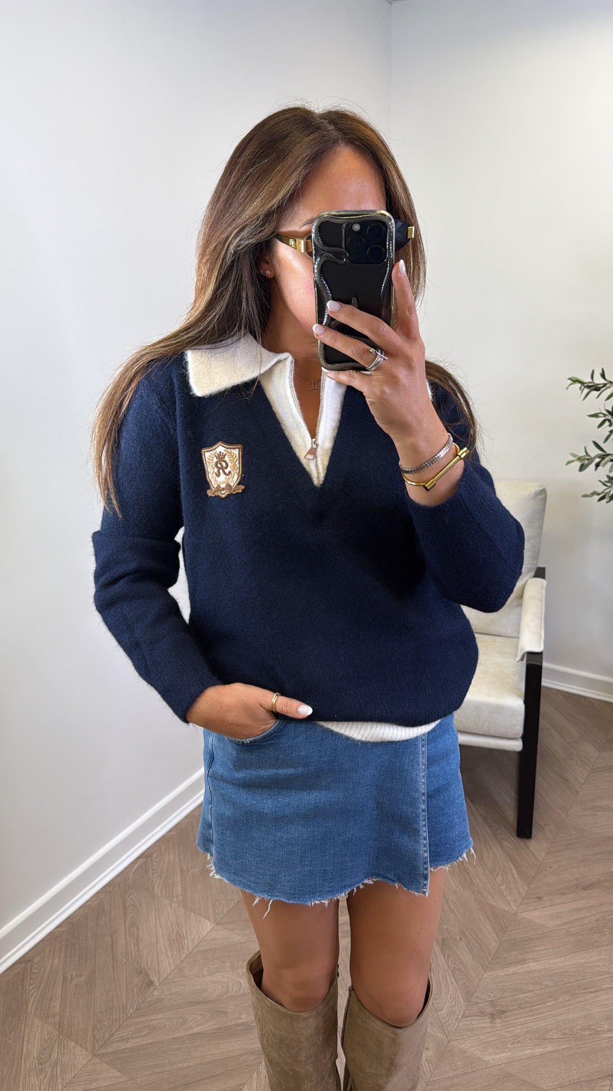 PENNY navy with cream contrast varsity logo jumper
