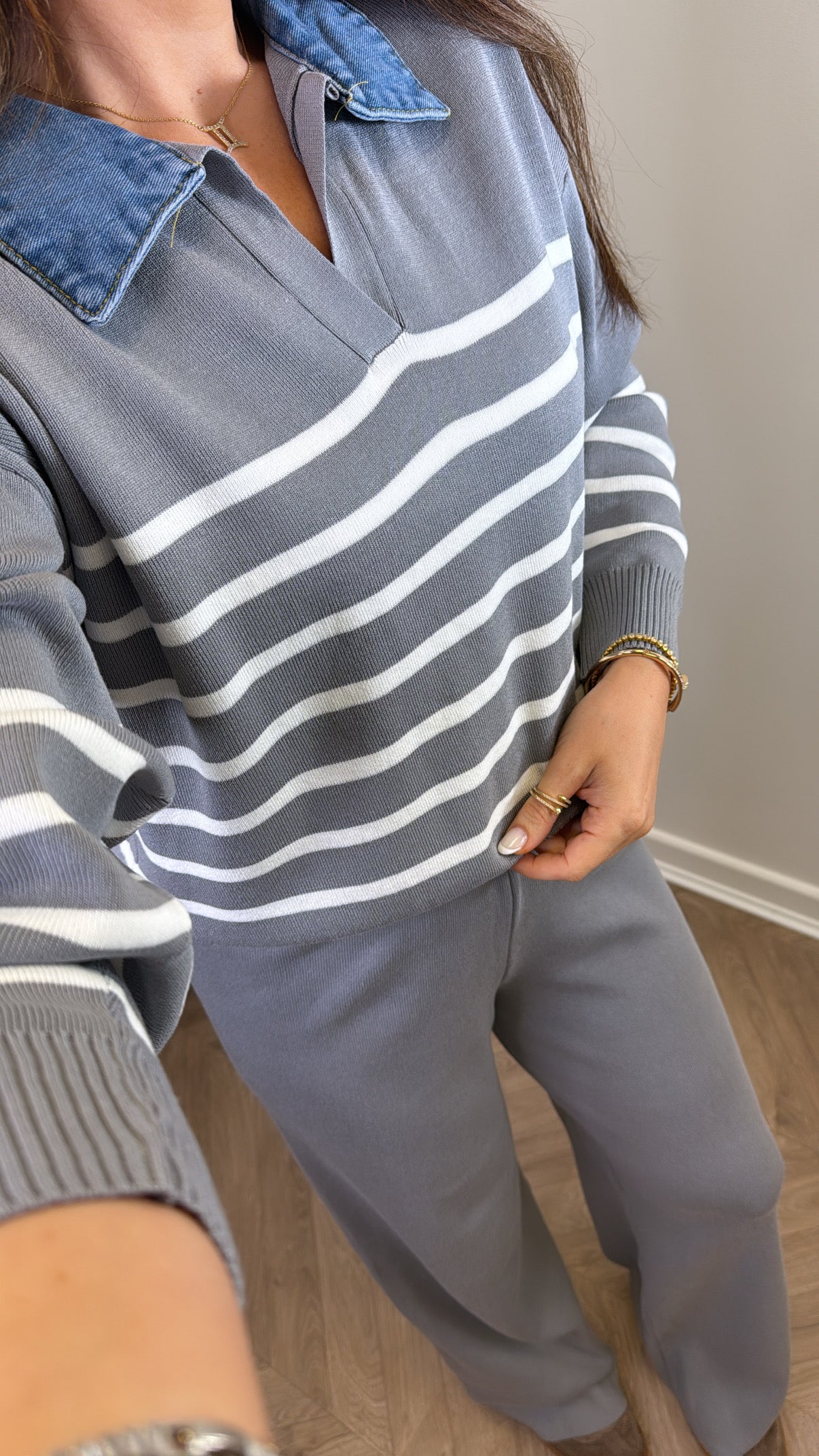JODIE grey striped denim contrast knitted lounge set