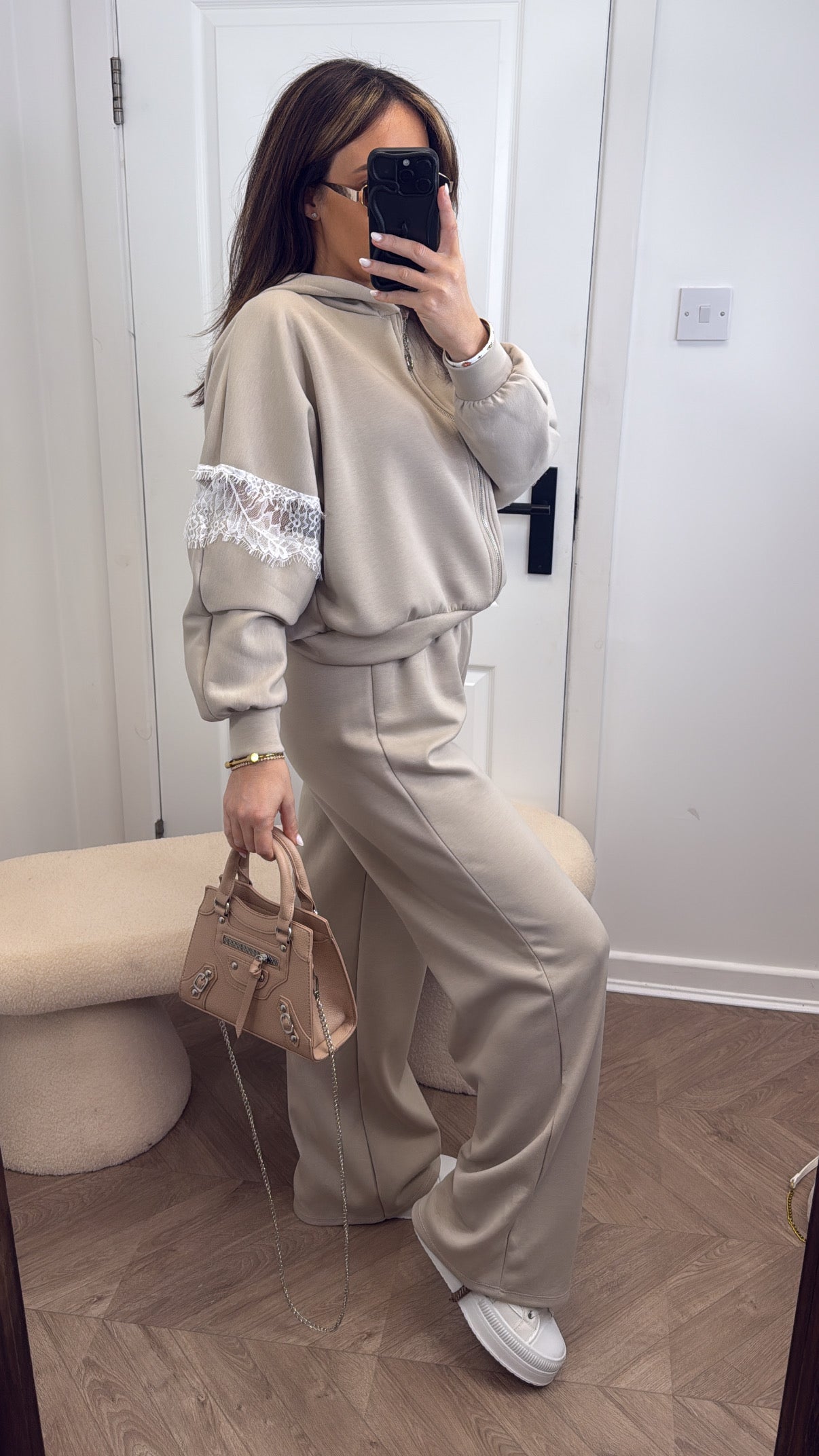 DELILAH beige lace detail tracksuit