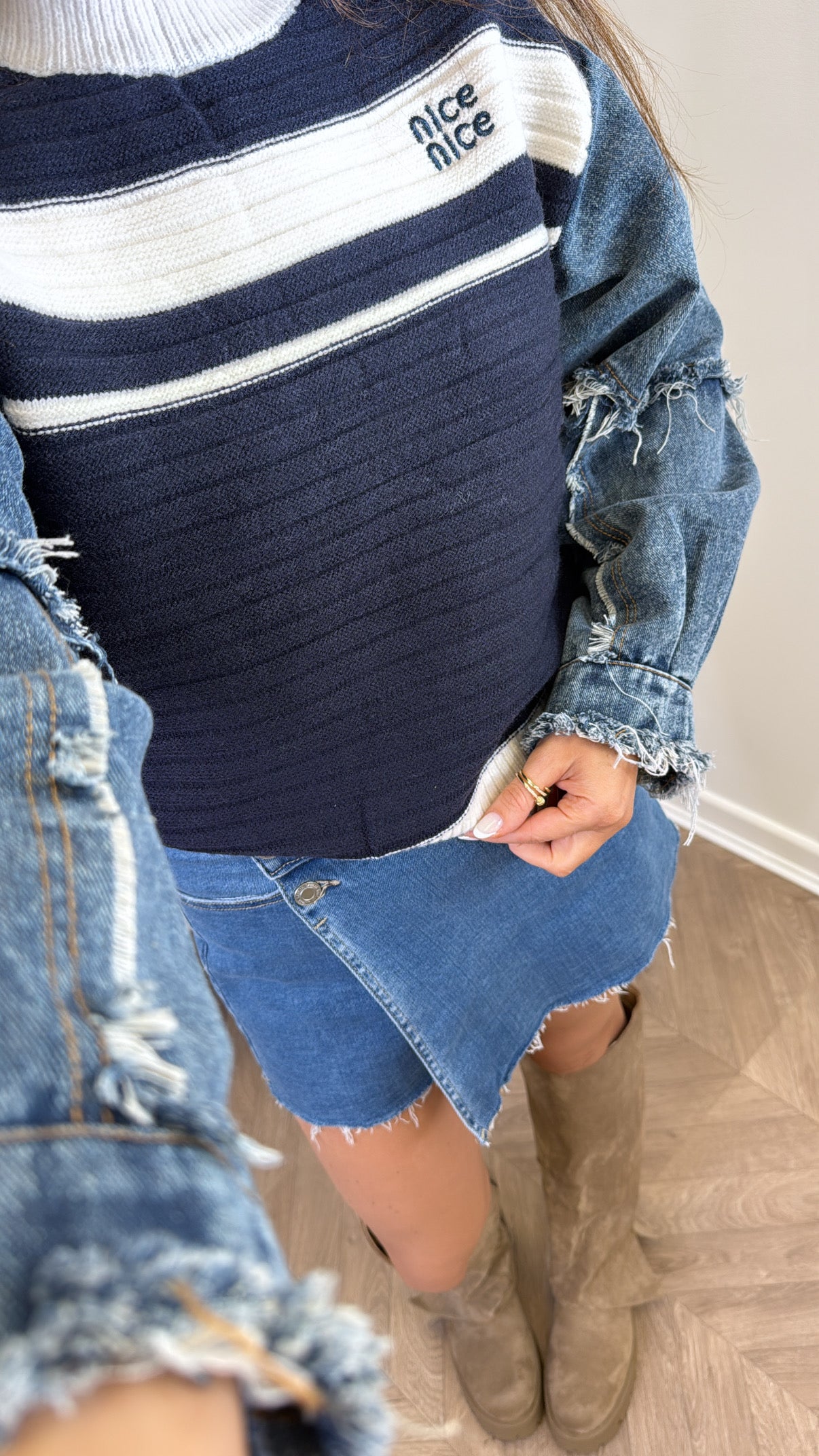 NICE navy striped and contrast denim sleeve jumper