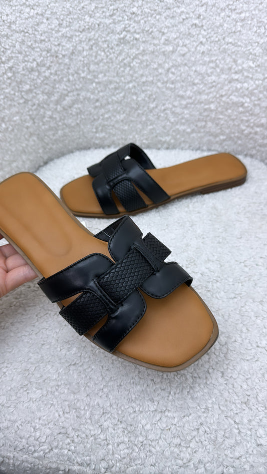 DALA black slide sandals with snake skin pattern