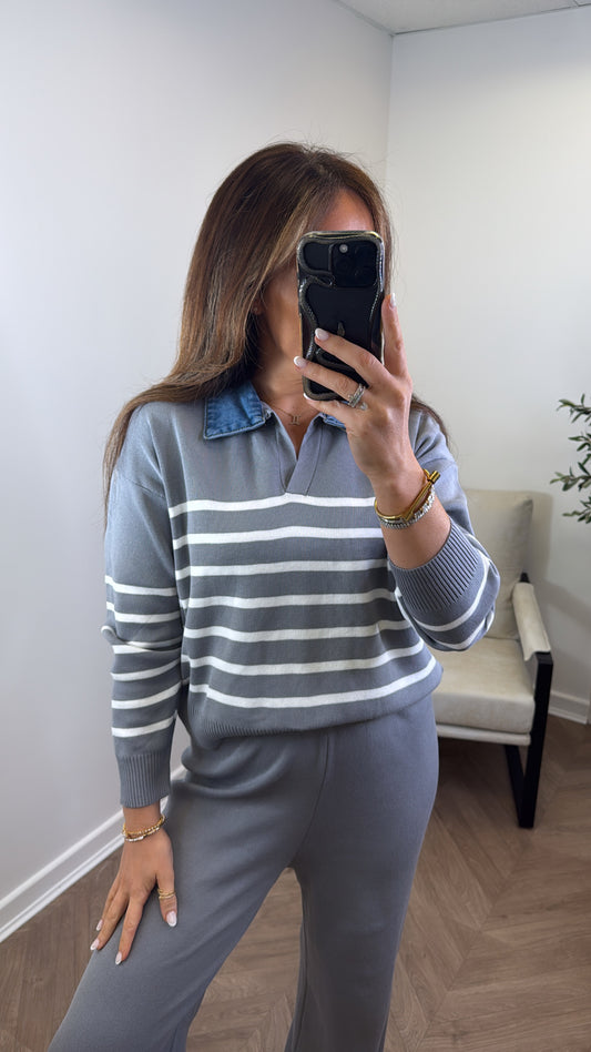 JODIE grey striped denim contrast knitted lounge set