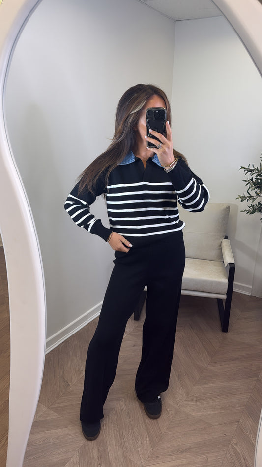 JODIE black striped denim contrast knitted lounge set
