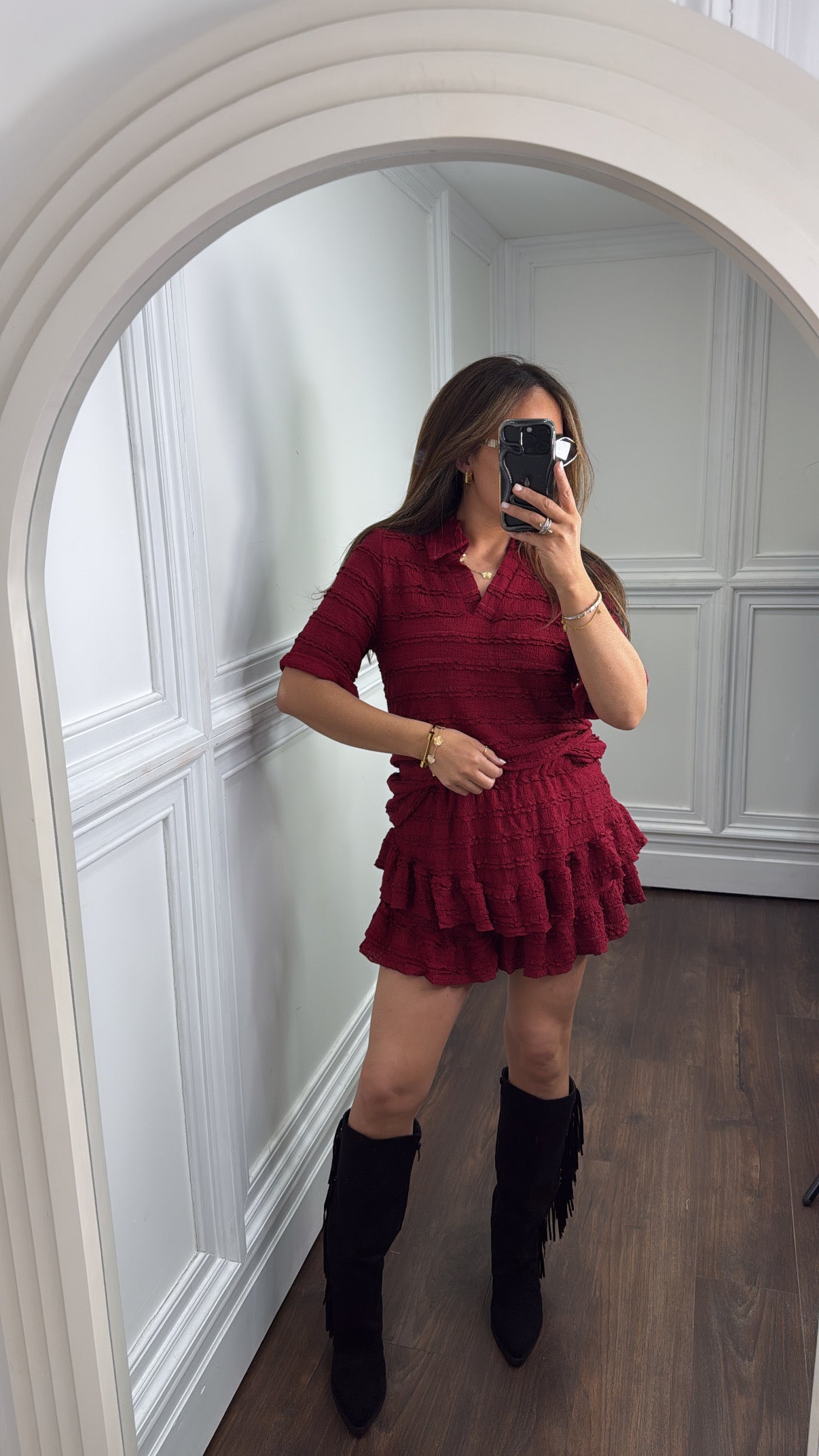 LEXIE burgundy textured ruffle skort co-ord