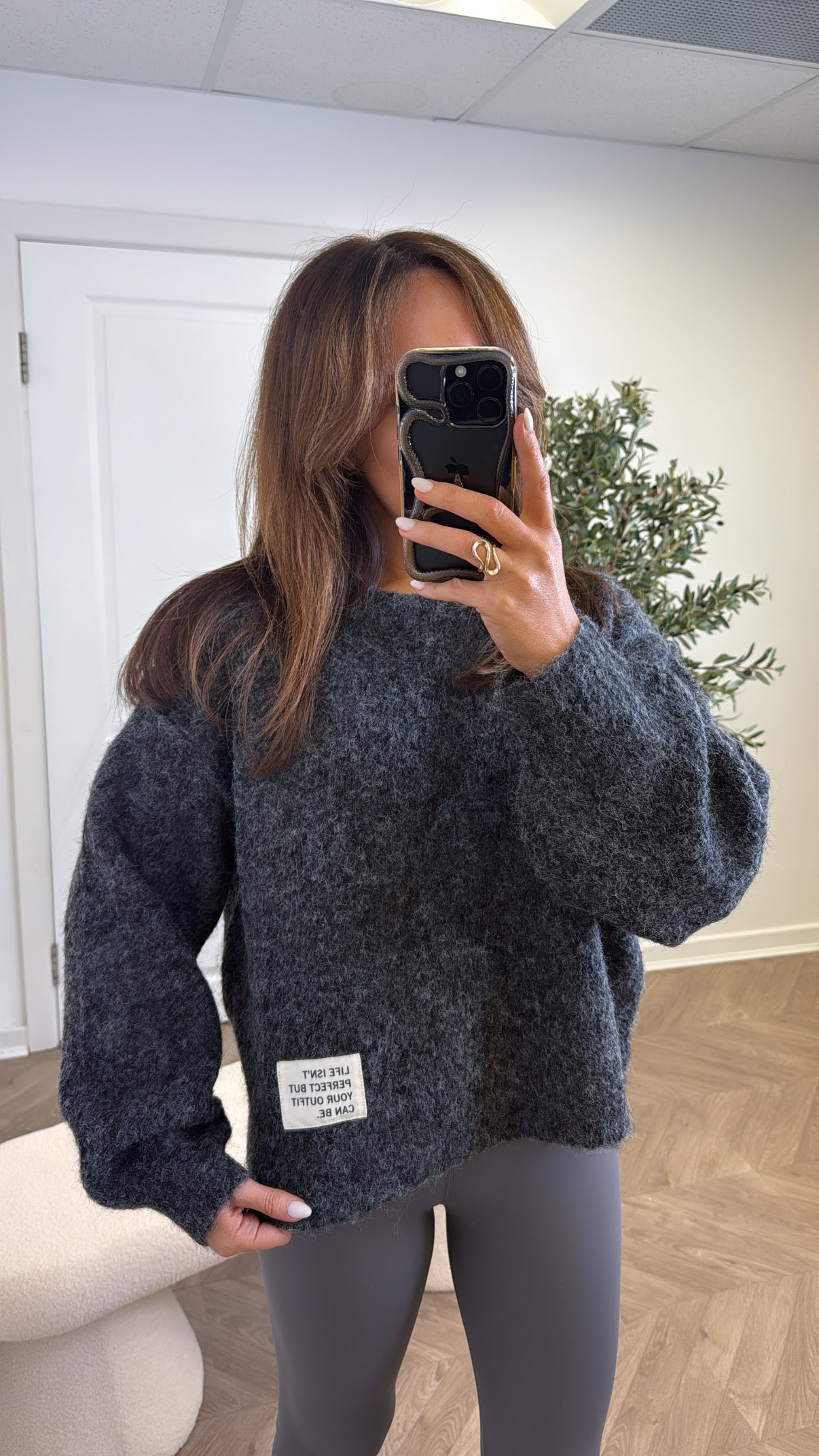 PIPER charcoal life slogan soft knit jumper