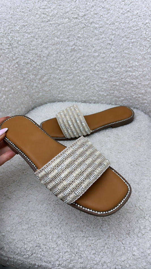 MIMI cream slide sandals with diamonte detail