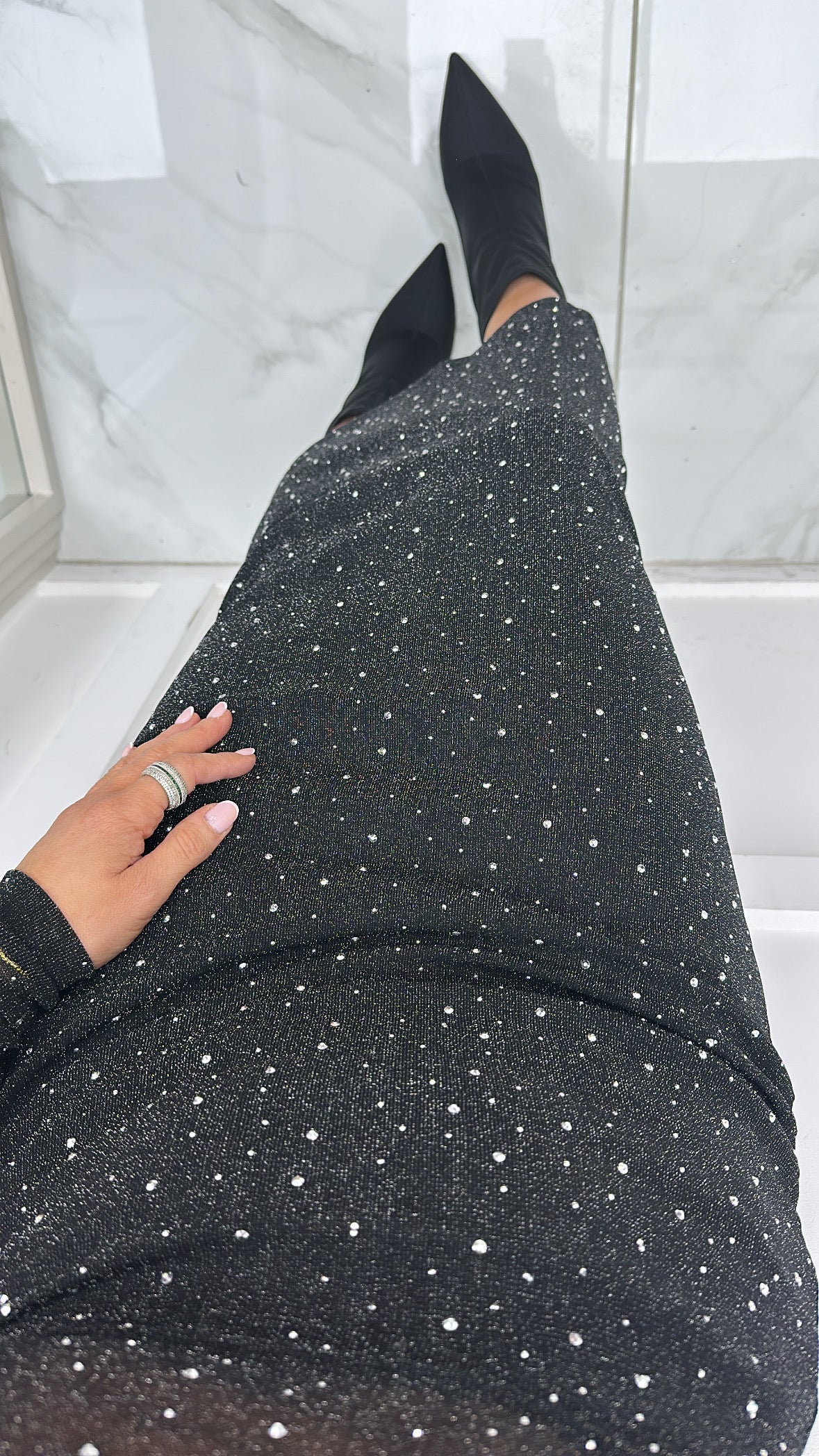 DARCIE black glitter midi skirt