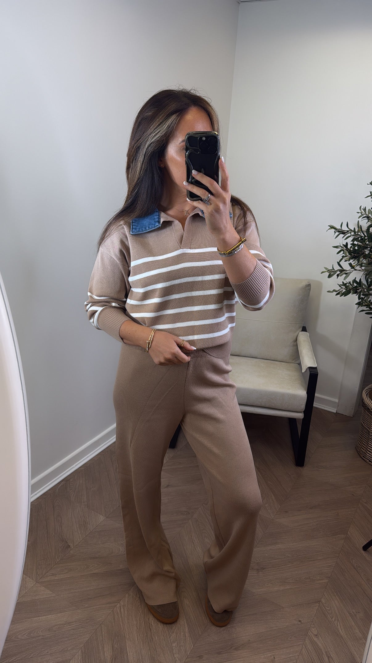 JODIE camel striped denim contrast knitted lounge set