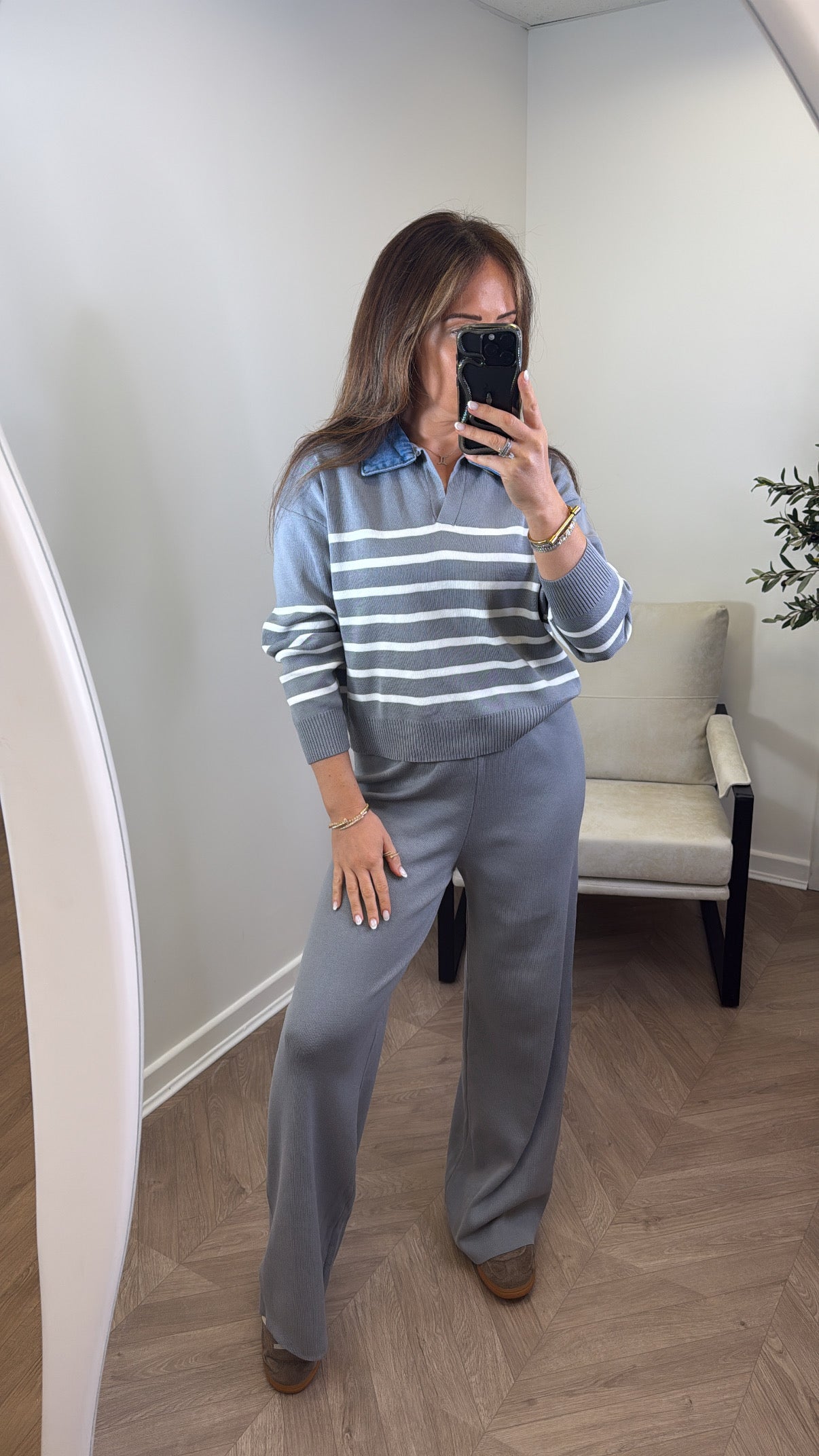 JODIE grey striped denim contrast knitted lounge set
