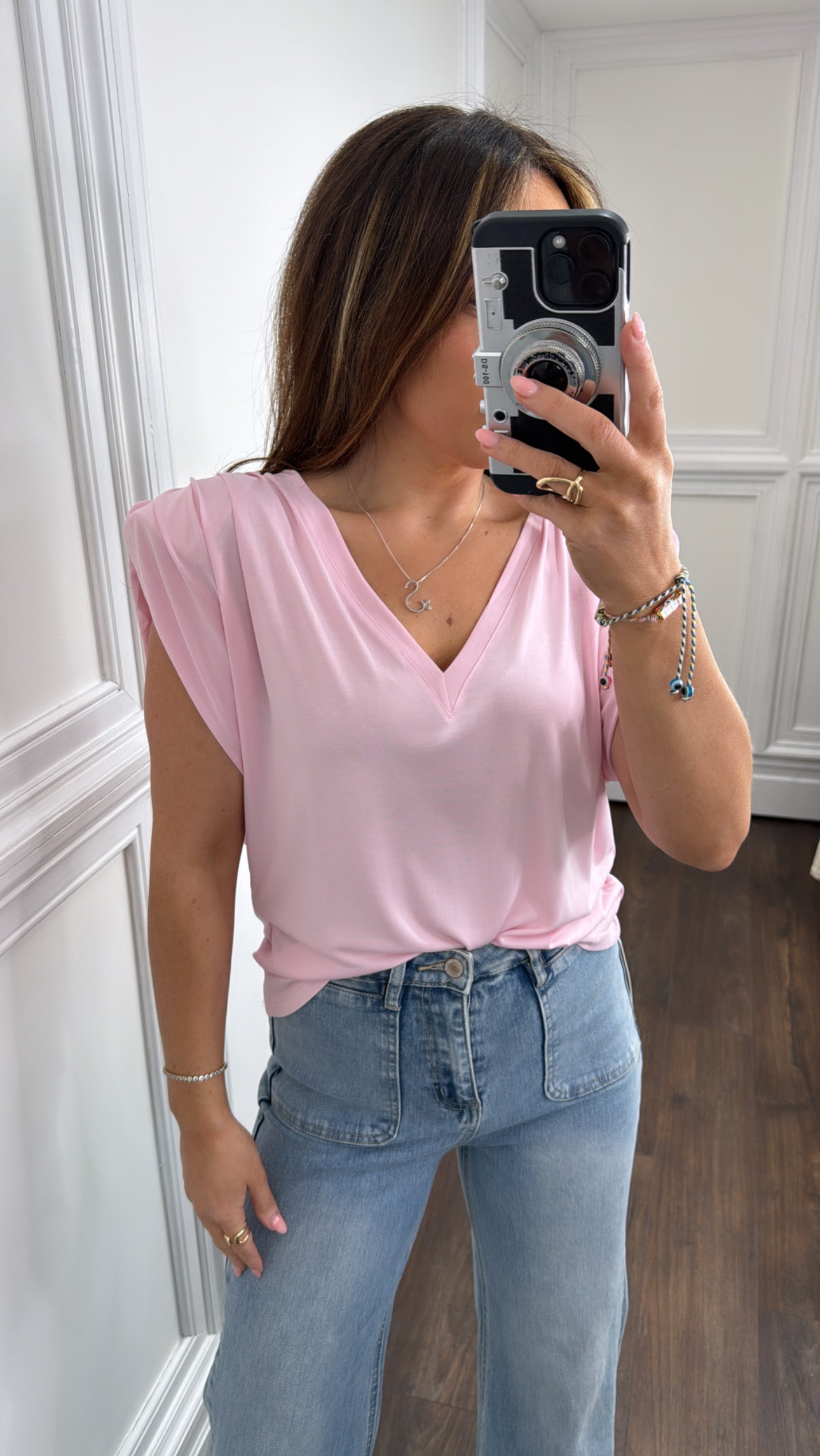 CASSIE pink shoulder pad t-shirt
