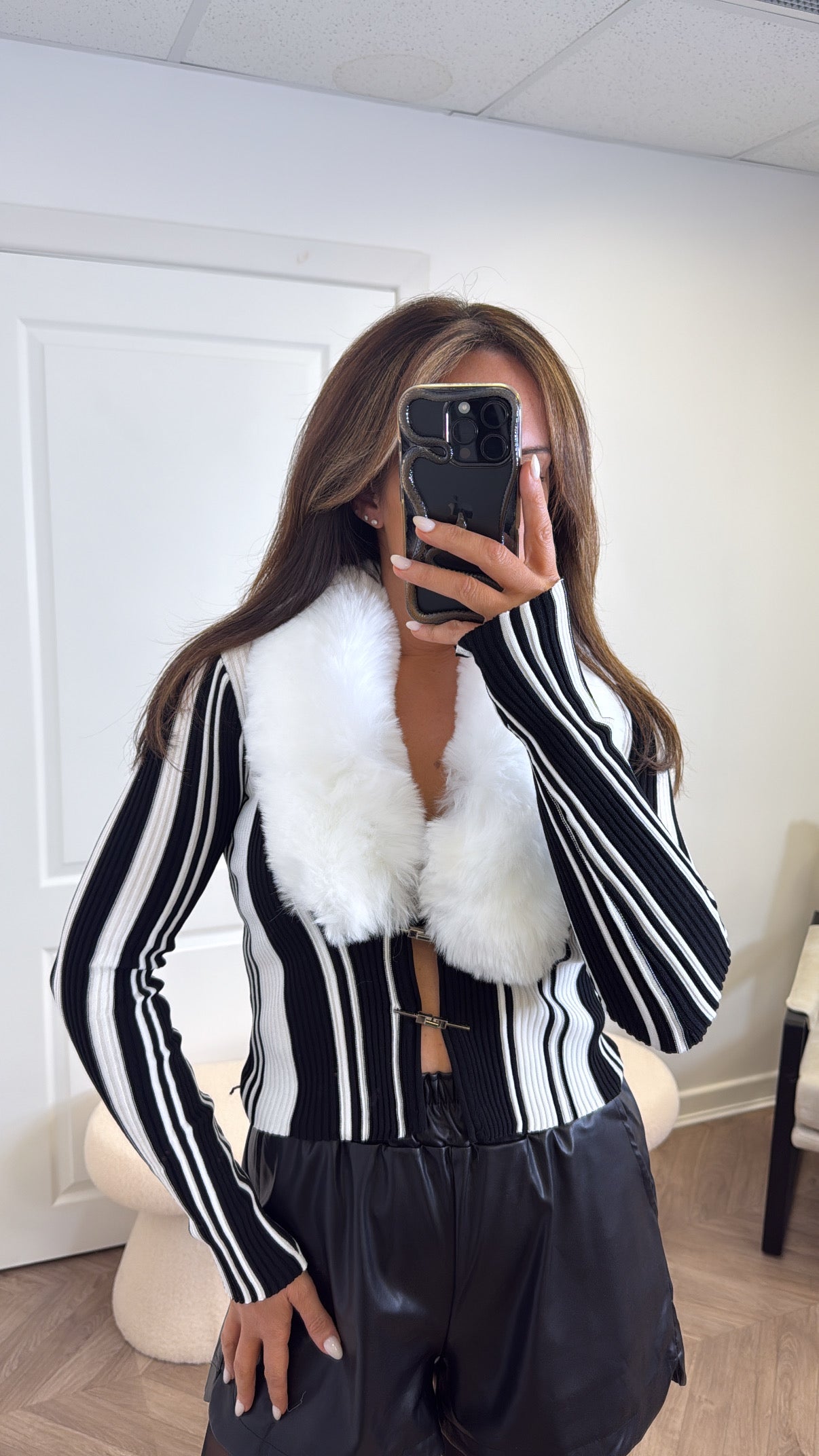 BETSY white faux fur ribbed cardigan