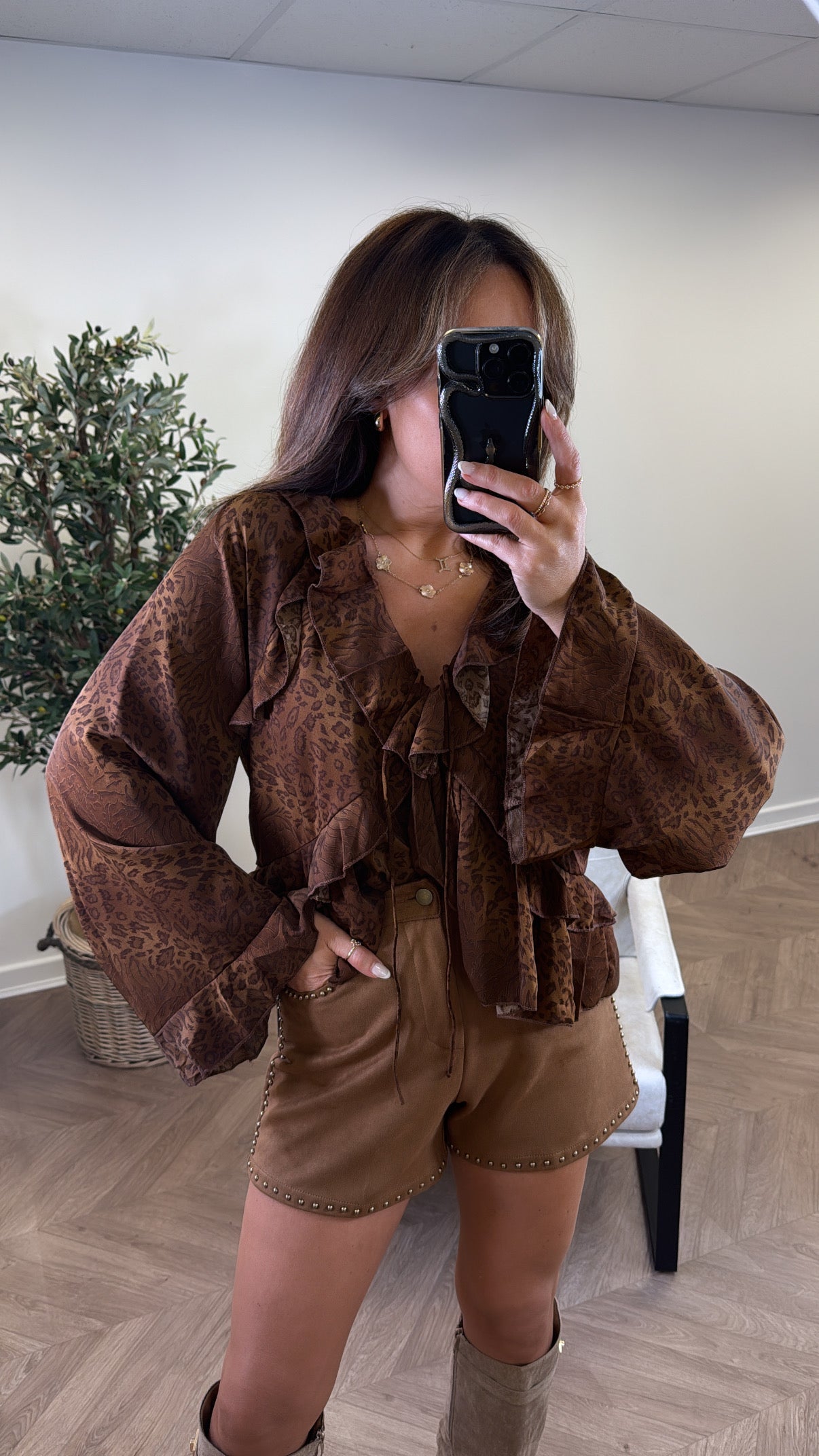 ARABELLA brown leopard ruffle detail blouse
