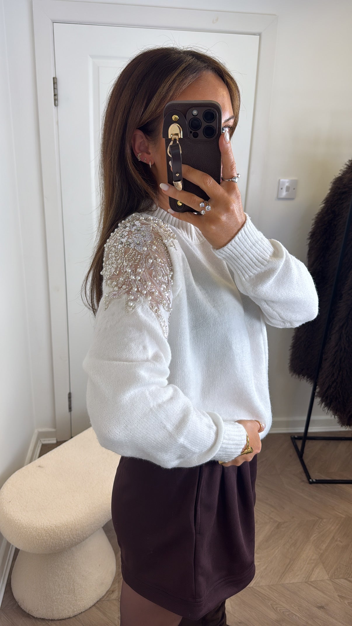 ALIYAH white jumper with embellished sleeves
