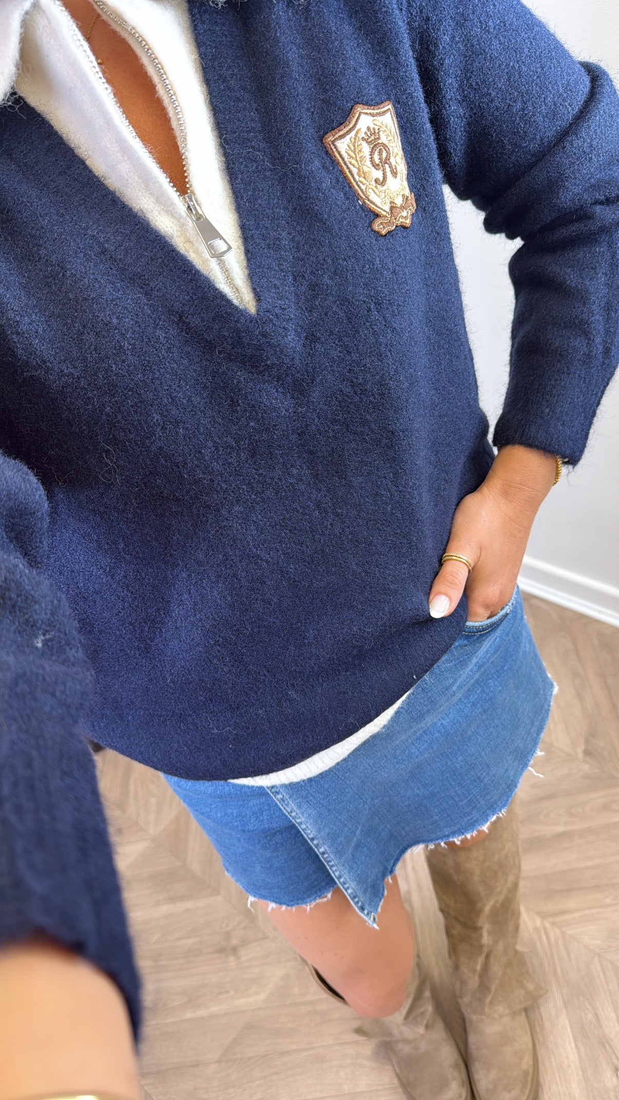 PENNY navy with cream contrast varsity logo jumper