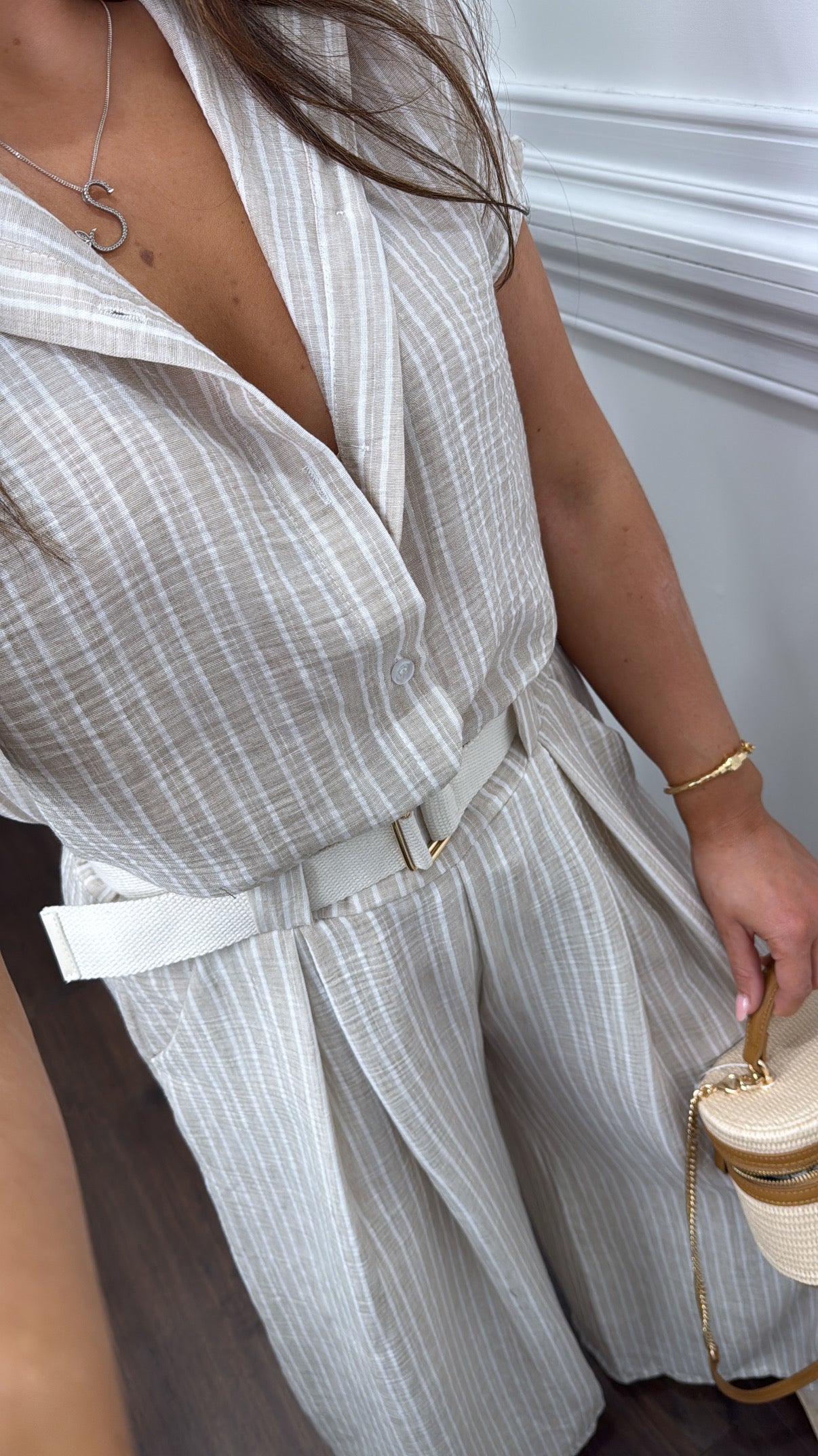 SABRINA beige stripe tie shirt and trousers co-ord