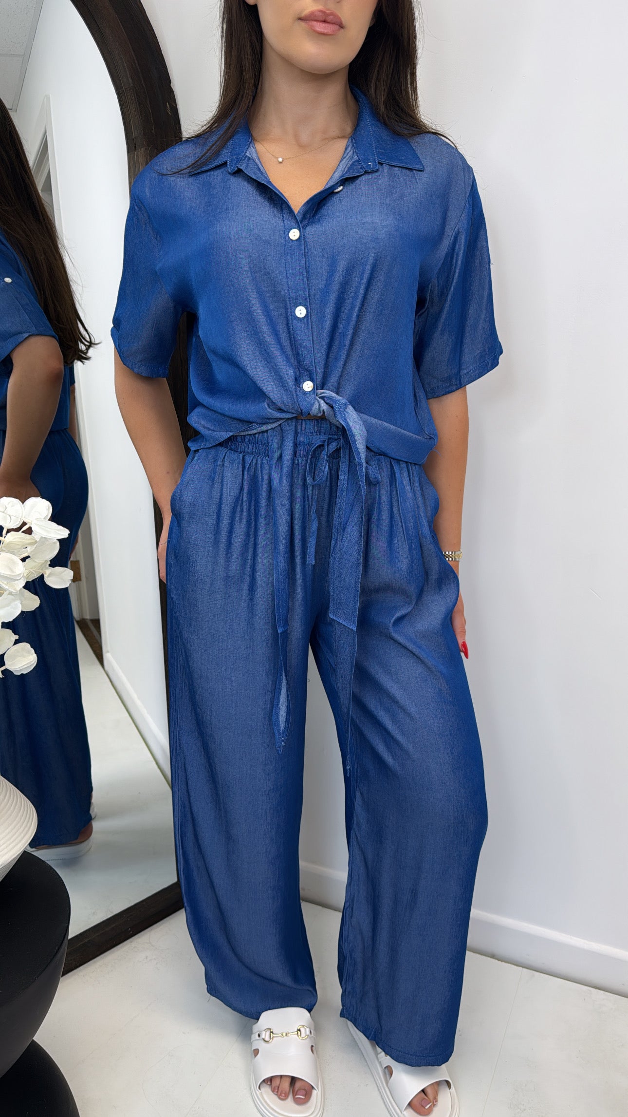 RHEA dark blue denim effect shirt and trouser co-ord